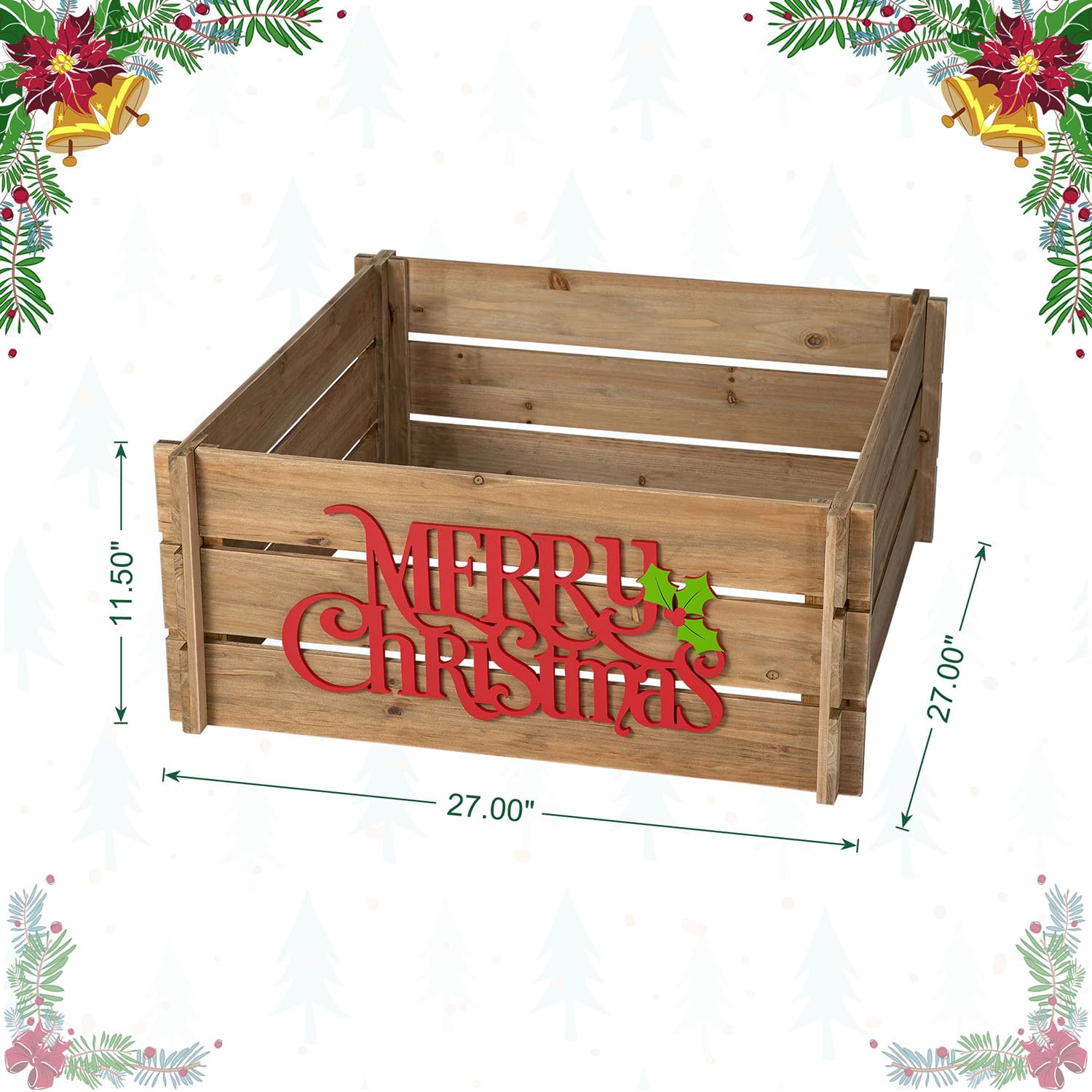 Glitzhome 27 L Christmas Tree Collar, Natural Solid Wood Crate Merry Christmas Tree Base Cover Farmhouse Wooden Tree Collar Chri