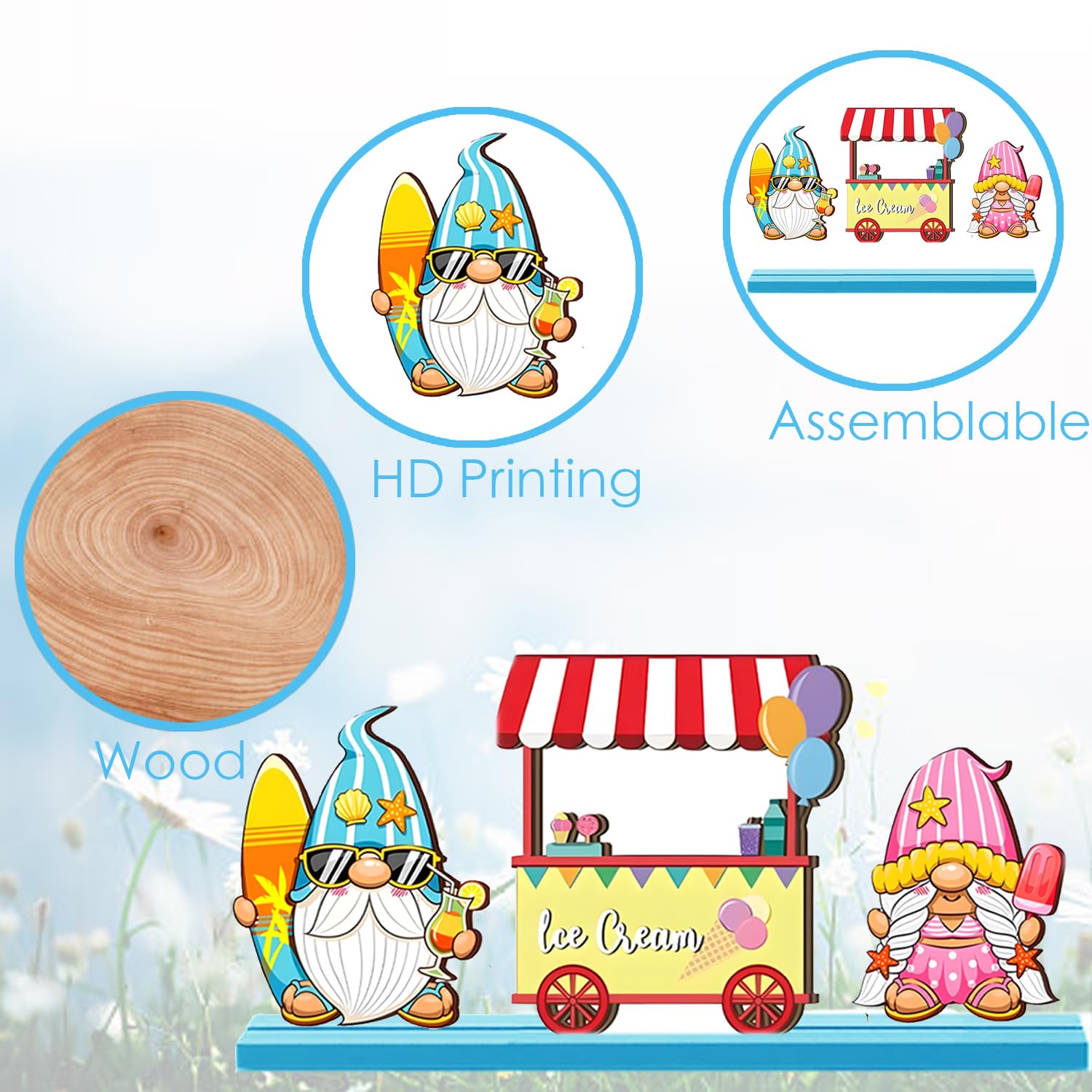 Summer Table Sign Decorations Centerpieces 4 Pcs Wood Desktop Decor for Kitchen Home Party Supplies