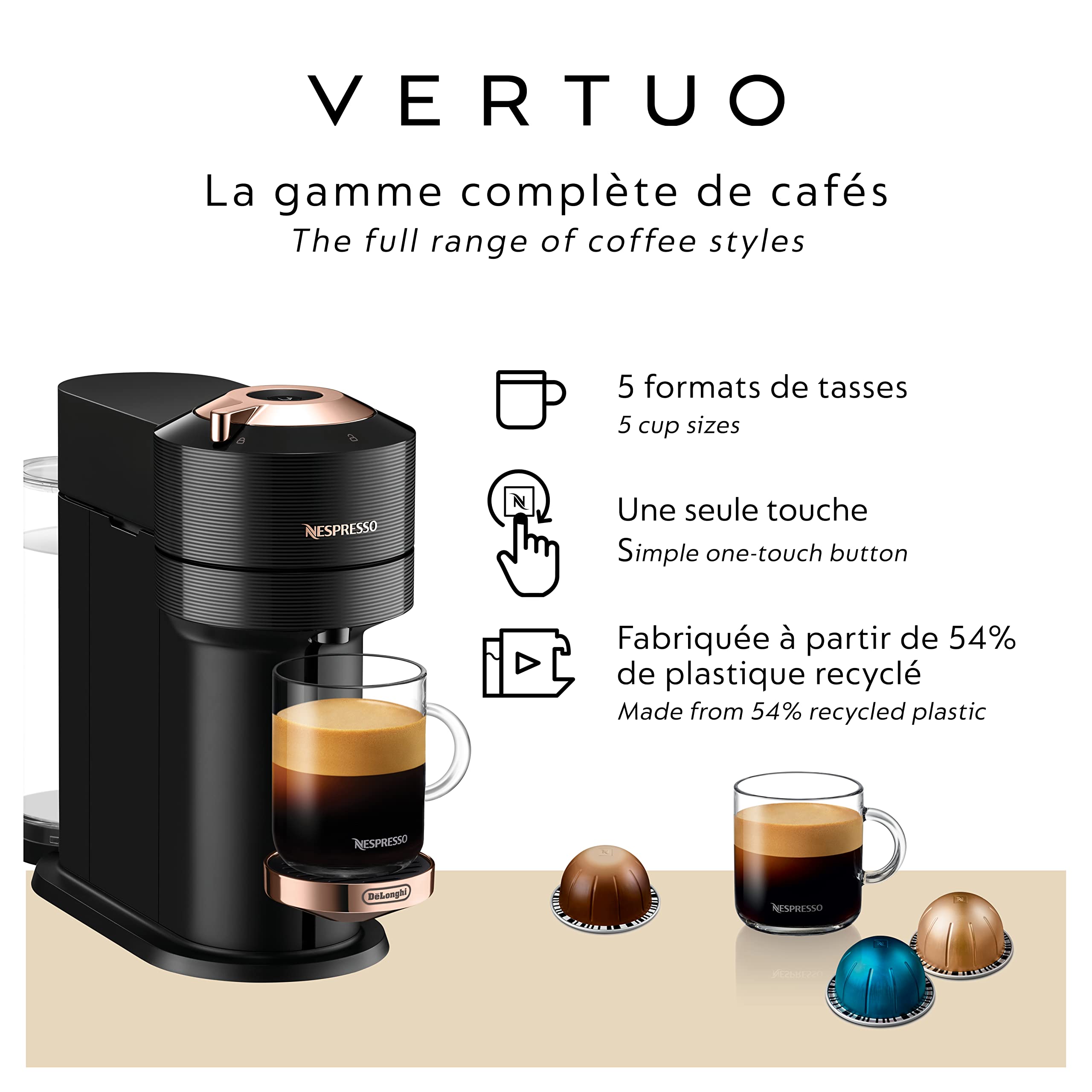 Nespresso Vertuo Next Coffee And Espresso Machine By De'Longhi, Black With Rose Gold
