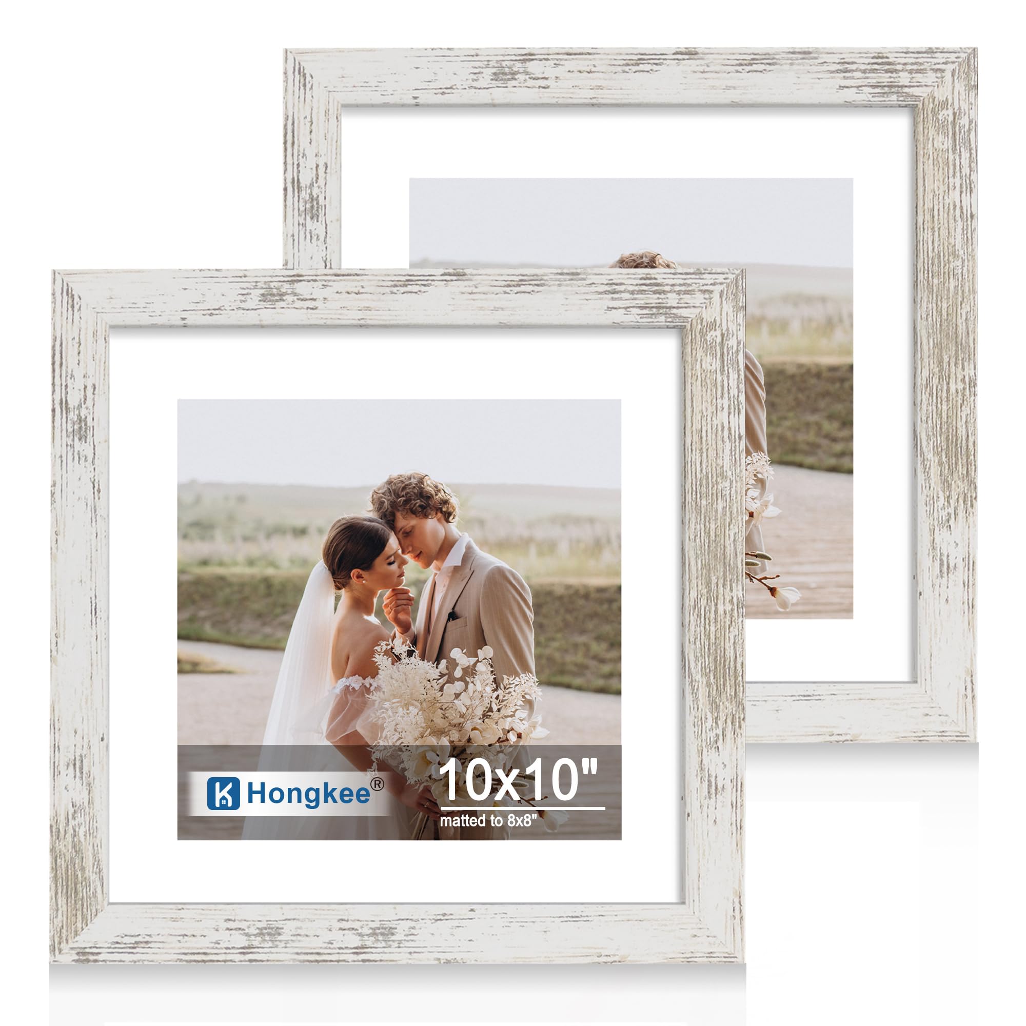 Hongkee 10x10 Picture Frame Set of 2, Made of Real Glass and Distressed White Wooden Frame - Display Square 8x8 with Mat or 10x1