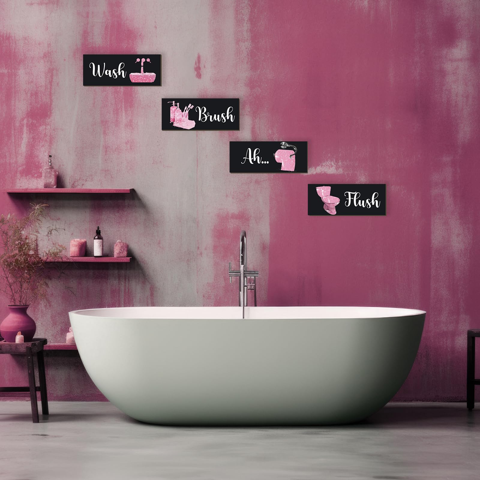 FENCORDAR 4 Pcs Pink Bathroom Decor Funny Pink And Black Bathroom Decor Wooden Modern Funny Glitter for Home Toilet Decoration(1