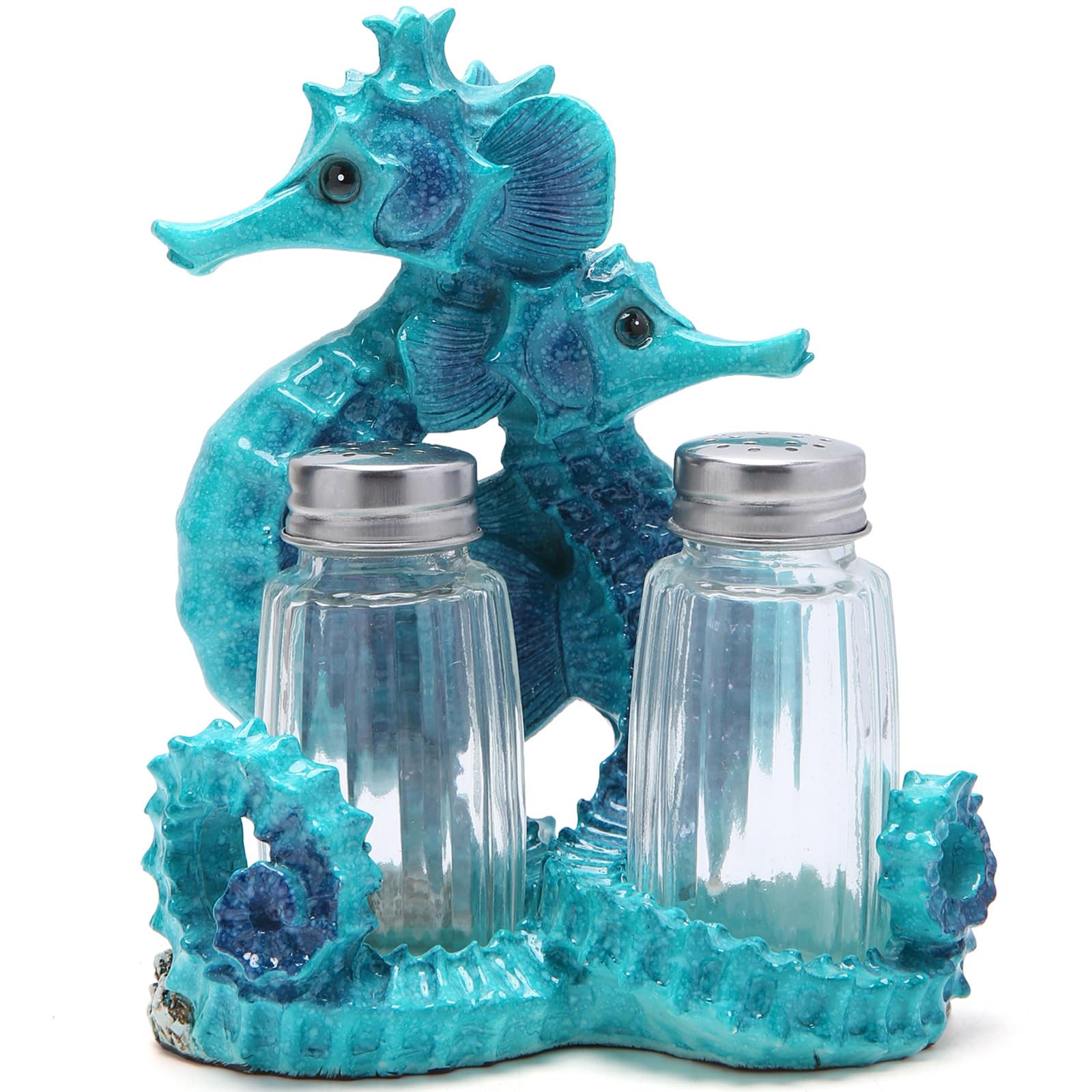 Hodao Seahorse With Salt and Pepper Shaker Figurines Decorations Set with Holder Figurine for Beach Bar or Tropical Kitchen Deco