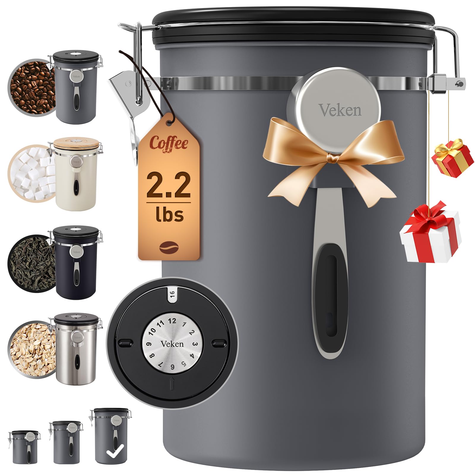 Veken Coffee Canister, 39OZ Large, Airtight Stainless Steel Food Storage Container for 2.2lbs Coffee Beans,Ground, Sugar,Espress