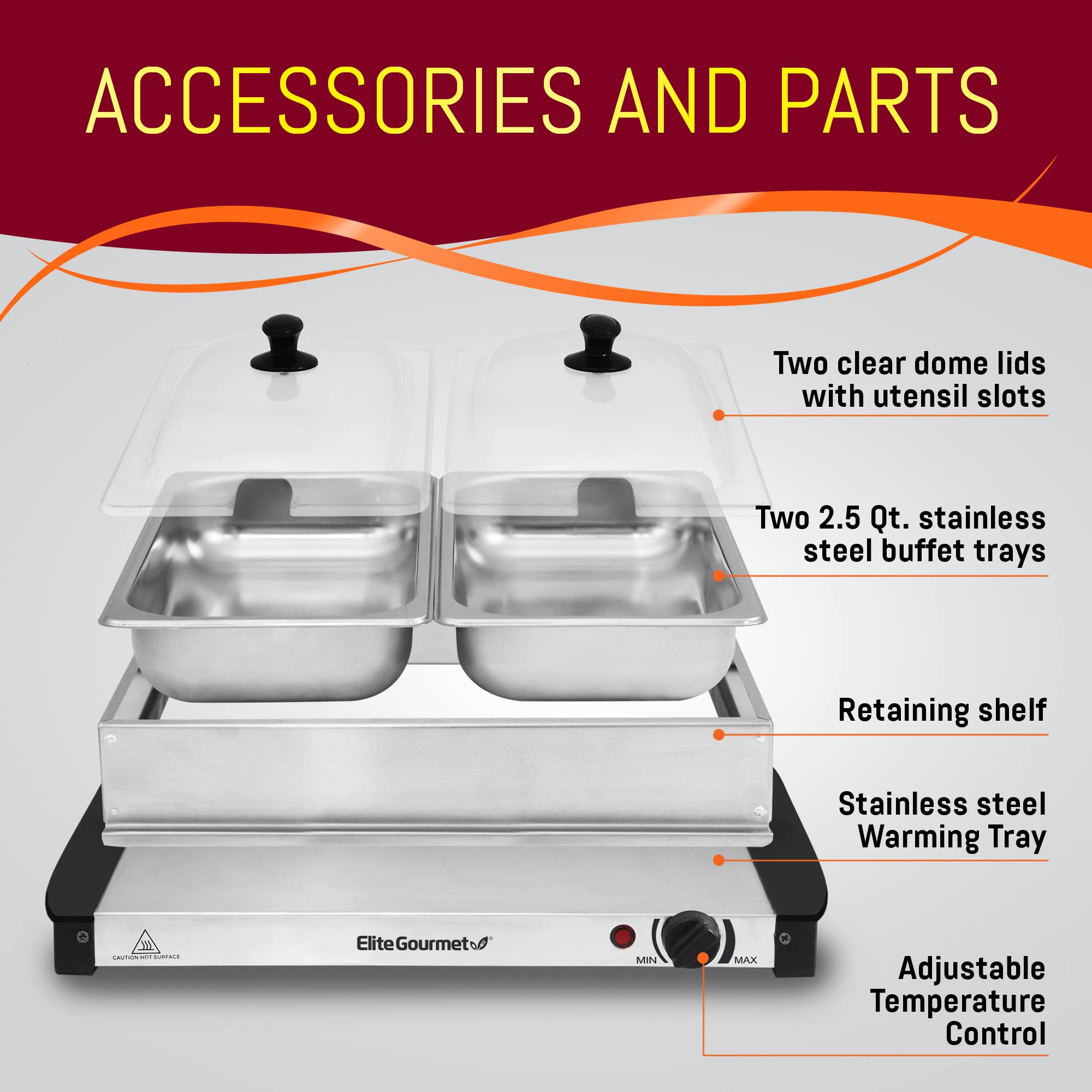 Elite Gourmet Ewm-6122# Dual 2 X 2.5 Qt. Trays, Buffet Server, Food Warmer Temperature Control, Clear Slotted Lids, Perfect For