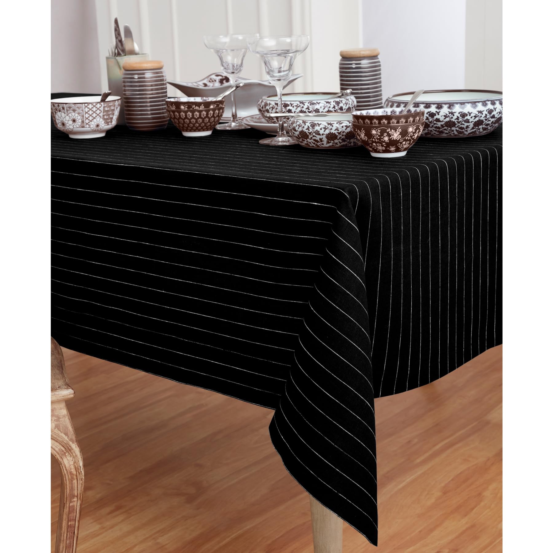 Solino Home Pinstripe Linen Tablecloth 90 '' L X 60 '' W Inch - 100% Pure Linen Black And White Tablecloth - Machine Washable Fa