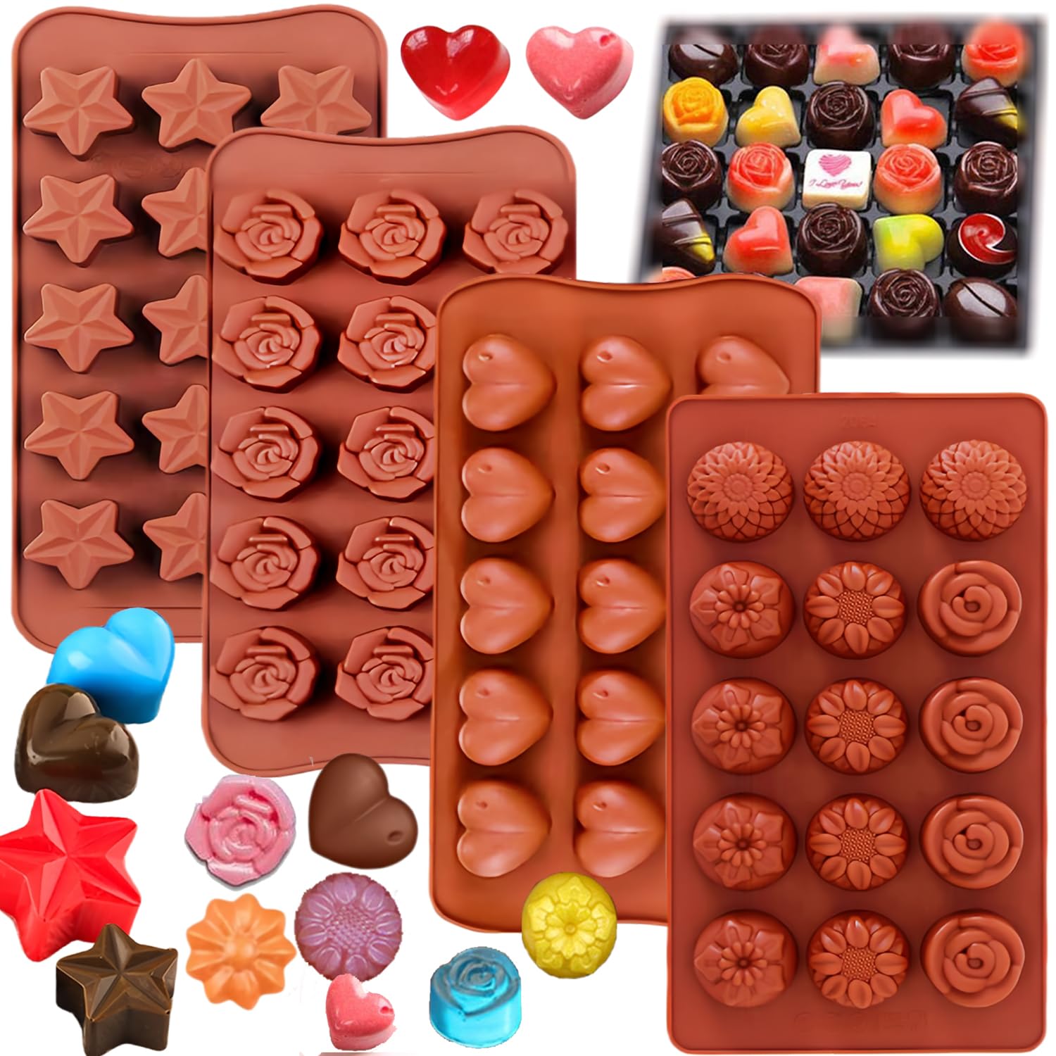 ENBRWAS Silicone Chocolate Molds 4Pack, 60 Assorted Cavities