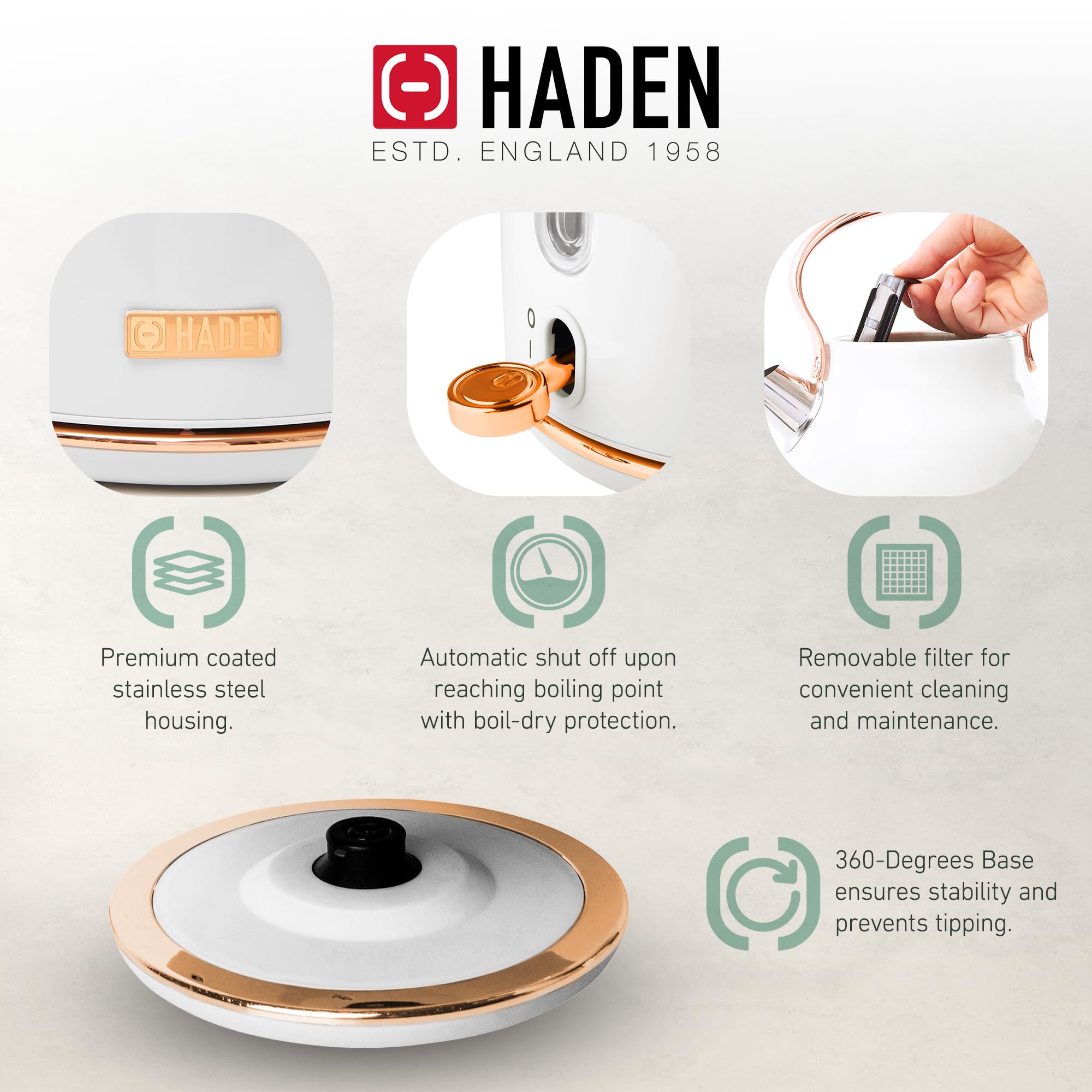 Haden 75089 Heritage 17 Liter Stainless Steel Body Countertop Retro Electric Kettle With Auto Shutoff & Dry Boil Protection (Ivo