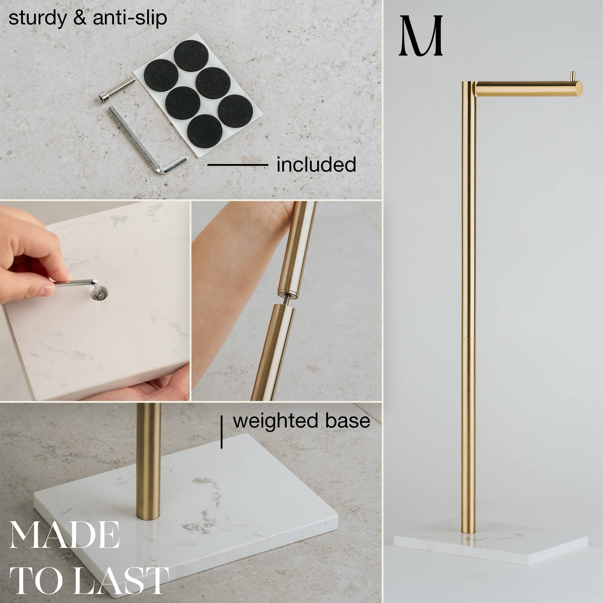 Marmolux Acc Free Standing Gold Toilet Paper Holder Stand White Marble Base And Storage | 4 Jumbo Roll Bathroom Hardware Toilet