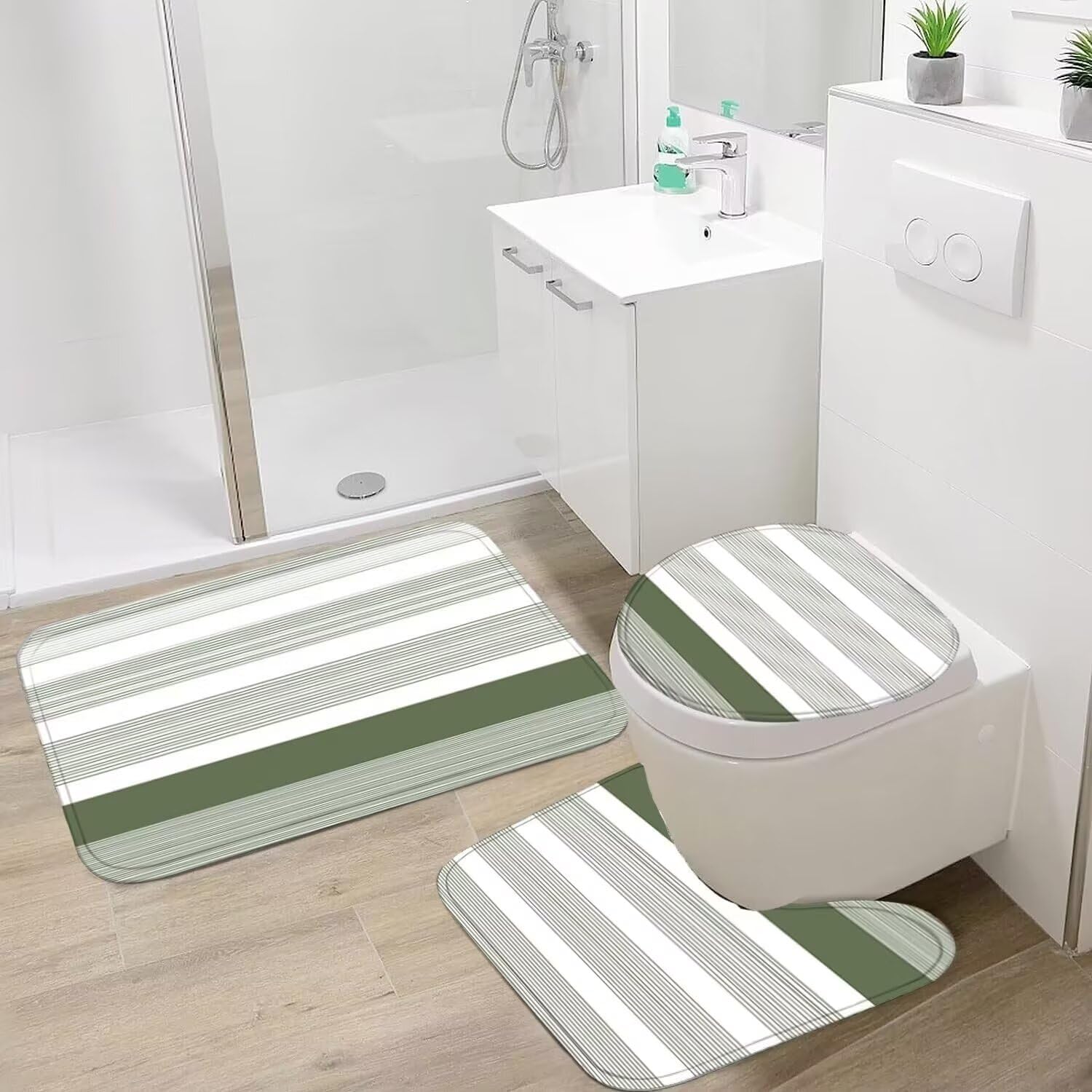 Ddqq 4Pcs Boho Streak Shower Curtain Sets With Rugs Sage Green Stripe Bathroom Sets Shower Curtain With 12 Hooks Bathroom Decor