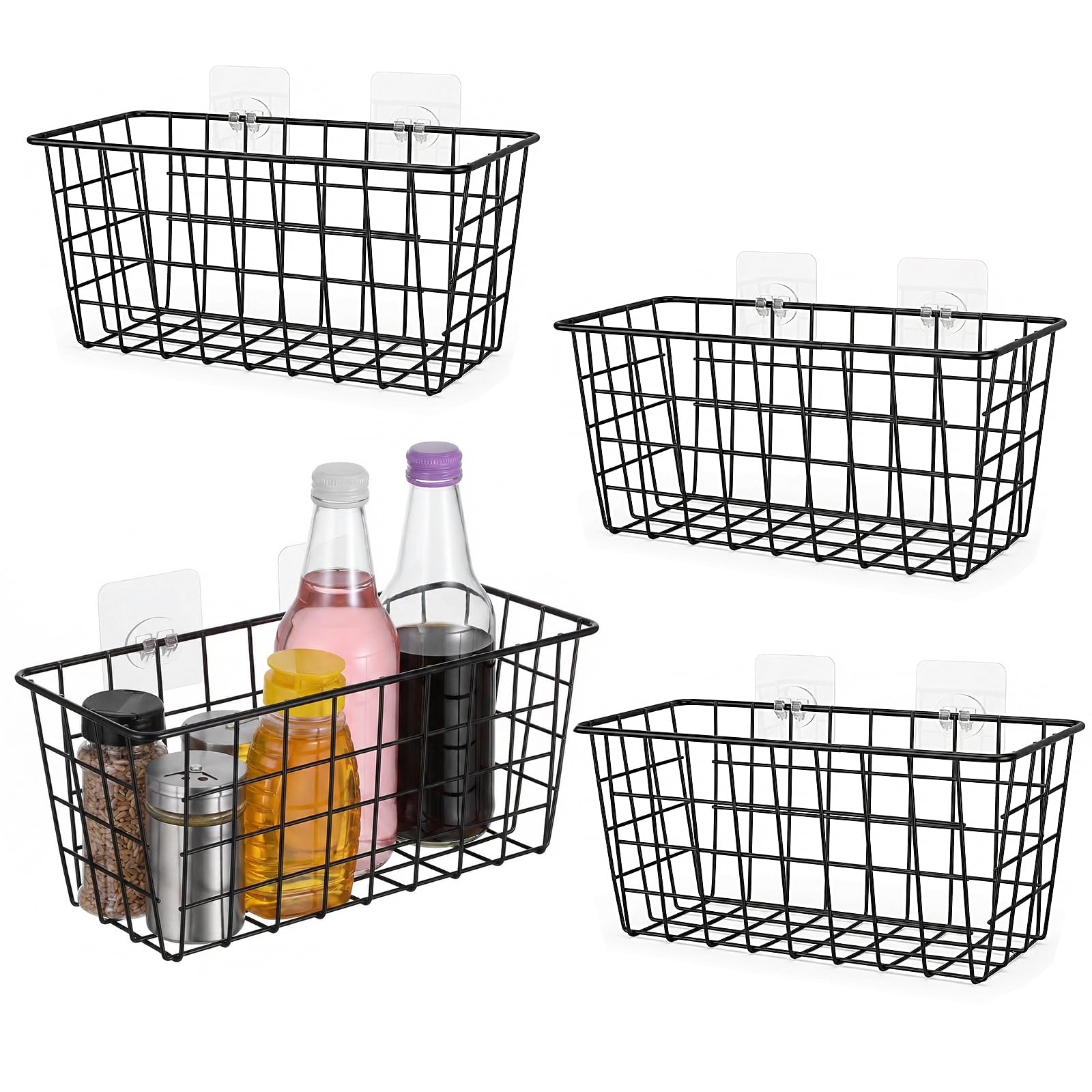 4 Pack Black Hanging Wall Baskets, Adhesive Wire Storage Organizers for Pantry, Kitchen, Bathroom, Cabinet Door  No Drilling Wa