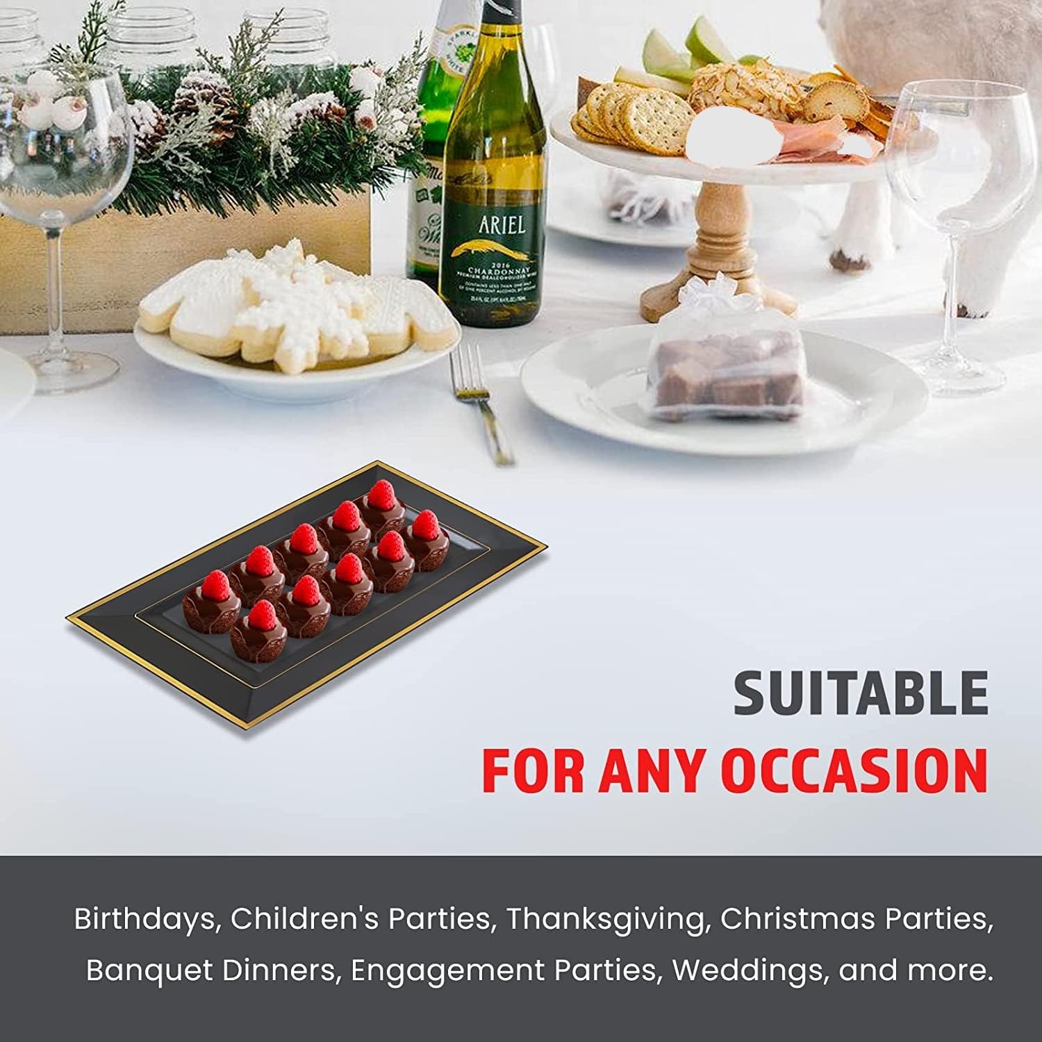 Yumchikel- 12 Pack Black Plastic Serving Tray Plastic For Party, 14'' X 7.5'' Platters For Serving Food (Black Gold Rim) Hallowe