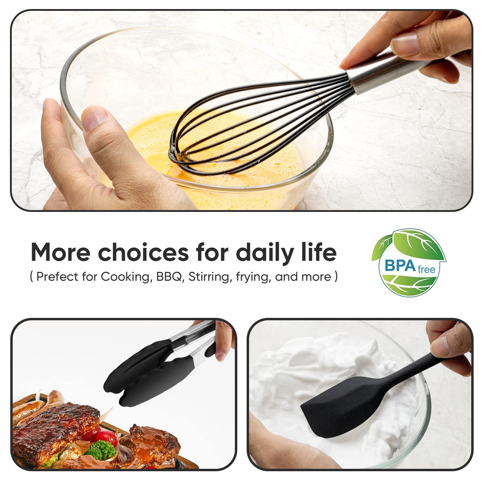 Silicone Tongs For Cooking Set Of 3,Maywe Tanso 11''Kitchen Tongs With Silicone Tips- 600F Heat Resistant,10''Whisk For Non-Stic