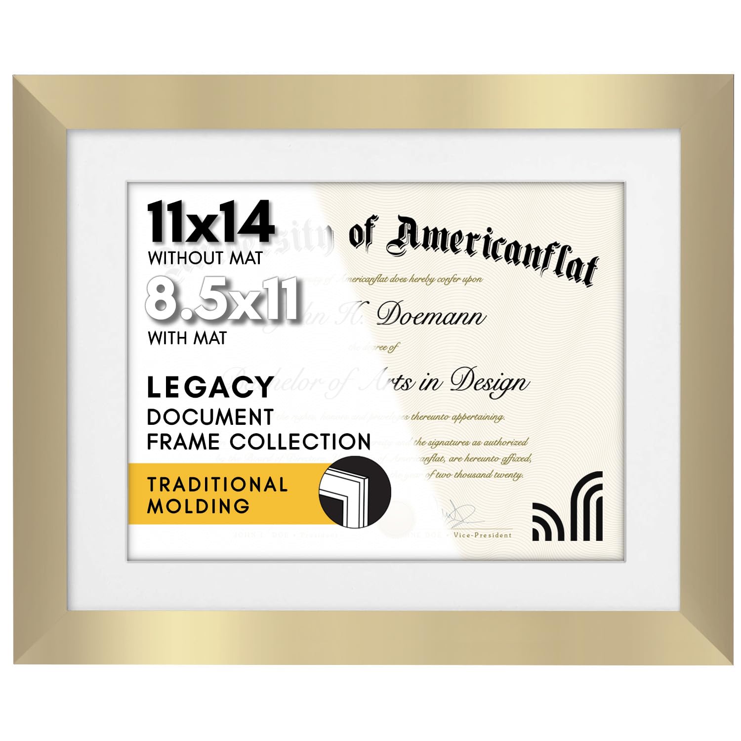 Americanflat 11x14 Diploma Frame with Shatter-Resistant Glass - Use as 8.5x11 Frame with Mat or 11x14 Frame without Mat - Legacy
