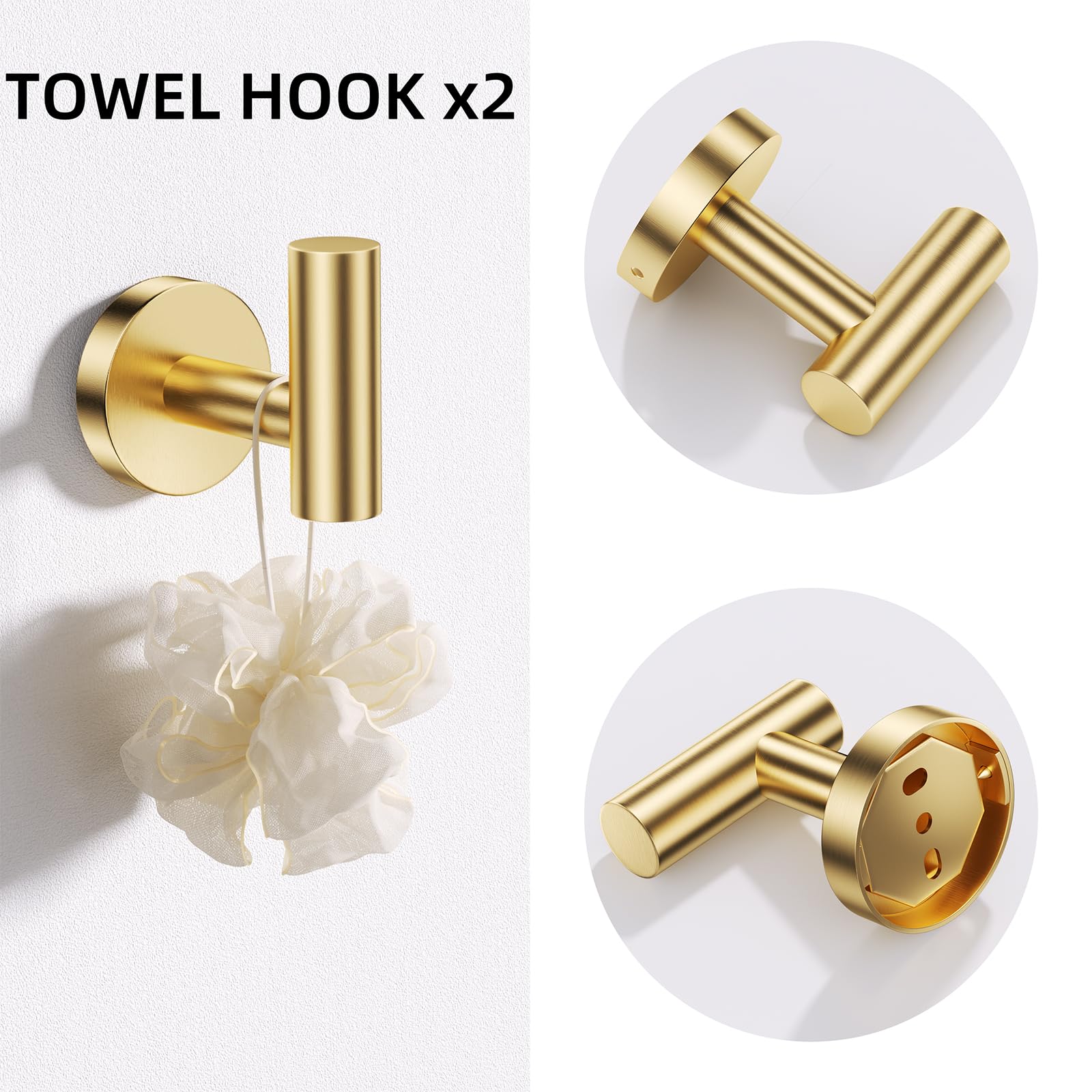 Turs Brushed Gold 5 Piece Bathroom Hardware Set, Sus304 Stainless Steel Bath Towel Bar Set, Bathroom Towel Rack Set Wall Mounted