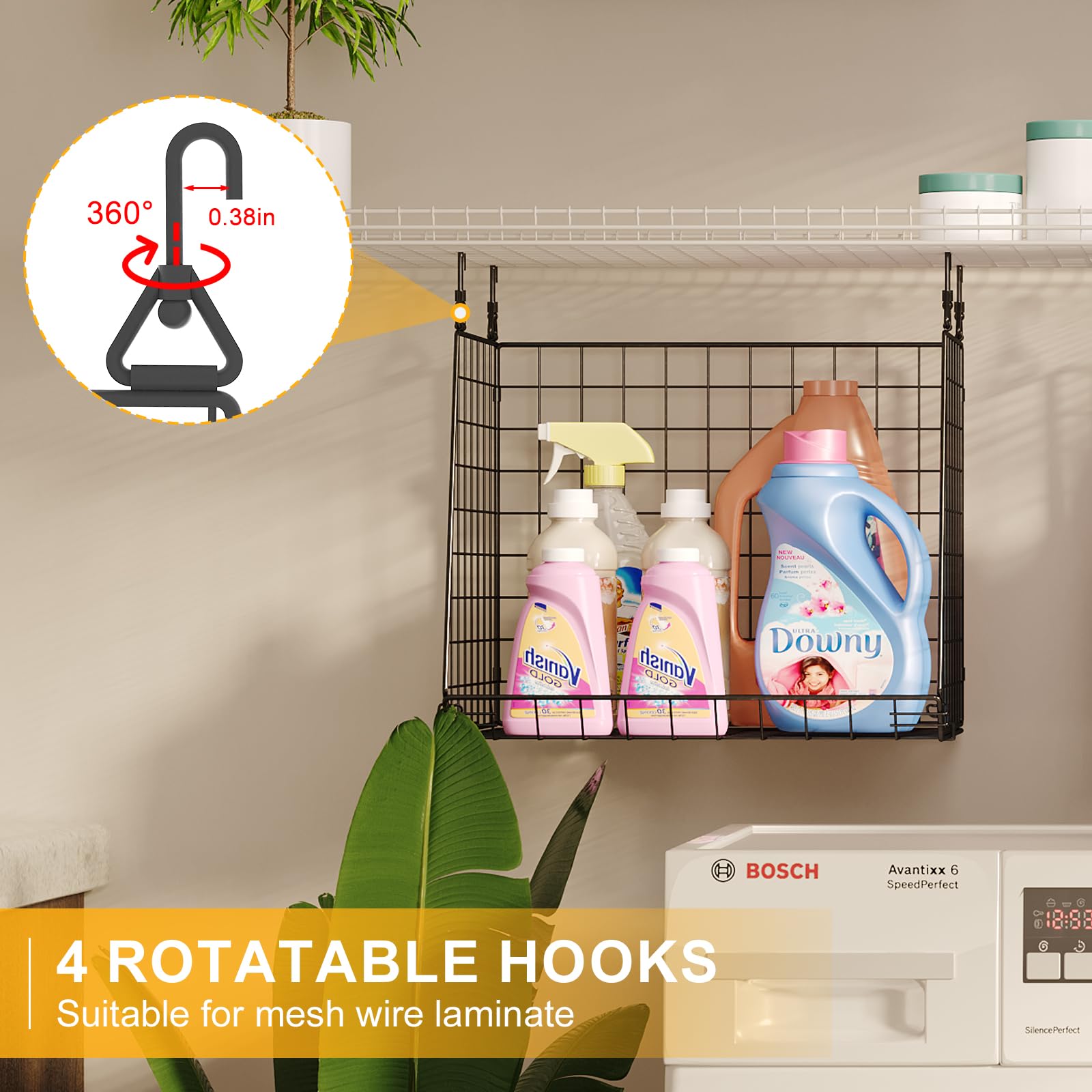 4-Tier Hanging Laundry Room Organizer:Foldable Laundry Room Organizaton Wire Shelf Basket With 360Rotating Hooks Space Saving Ov