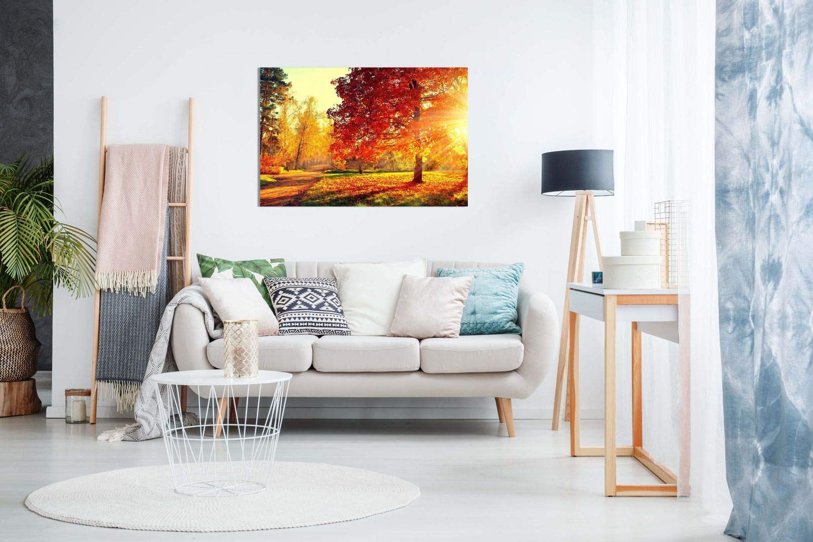 Autumn Scene Trees And Leaves In Sun Light Canvas Wall Art Picture Print (30X20In)