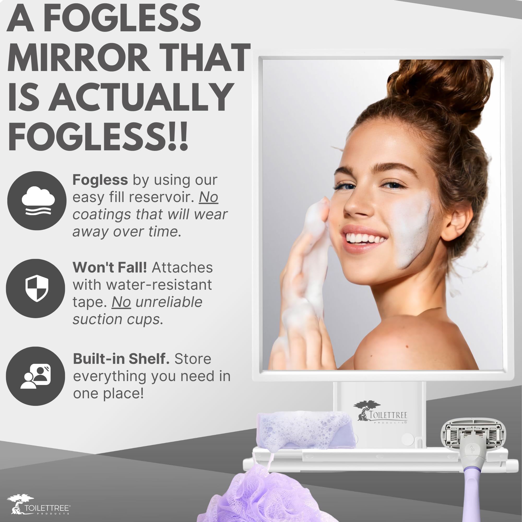 Toilettree Products Fogless Shower Mirror For Shaving & Makeup - Adjustable - Anti-Fog Mirror With Squeegee