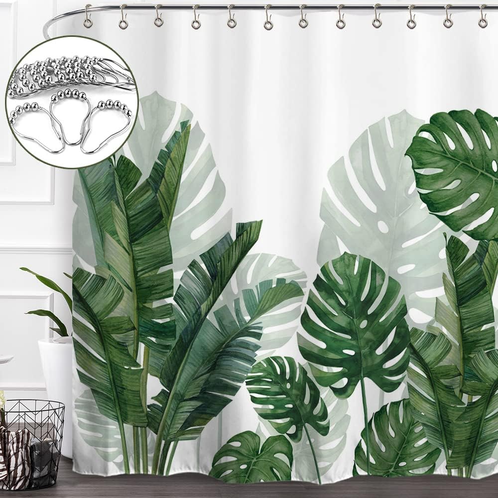 Baccessor Green Banana Monstera Leaf Shower Curtain With Metal Hooks Waterproof Washable Fabric Bathroom Decor Botanical Banana