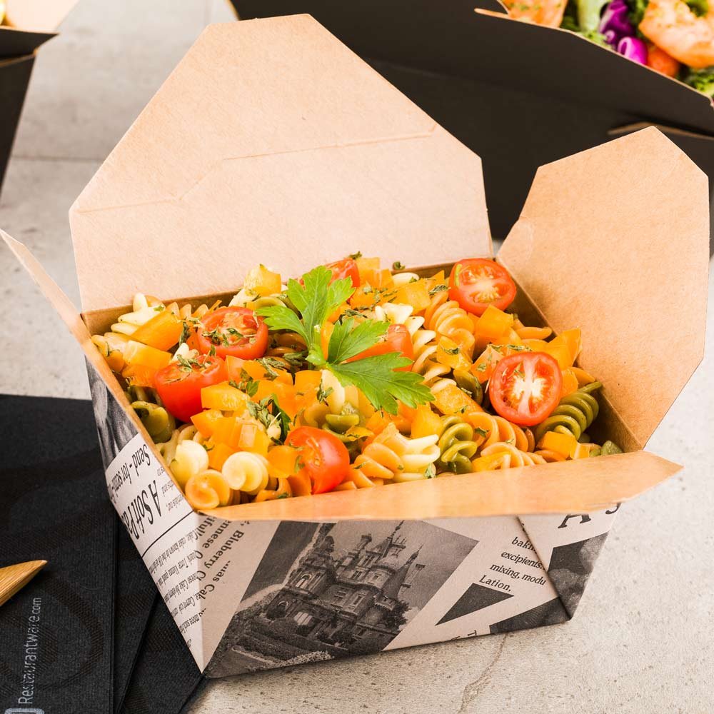 Restaurantware Bio Tek 30 Ounce Take Out Boxes 50 To Go Lunch Boxes - Tab-Lock Closure Heat-Tolerant Newsprint Paper Disposable