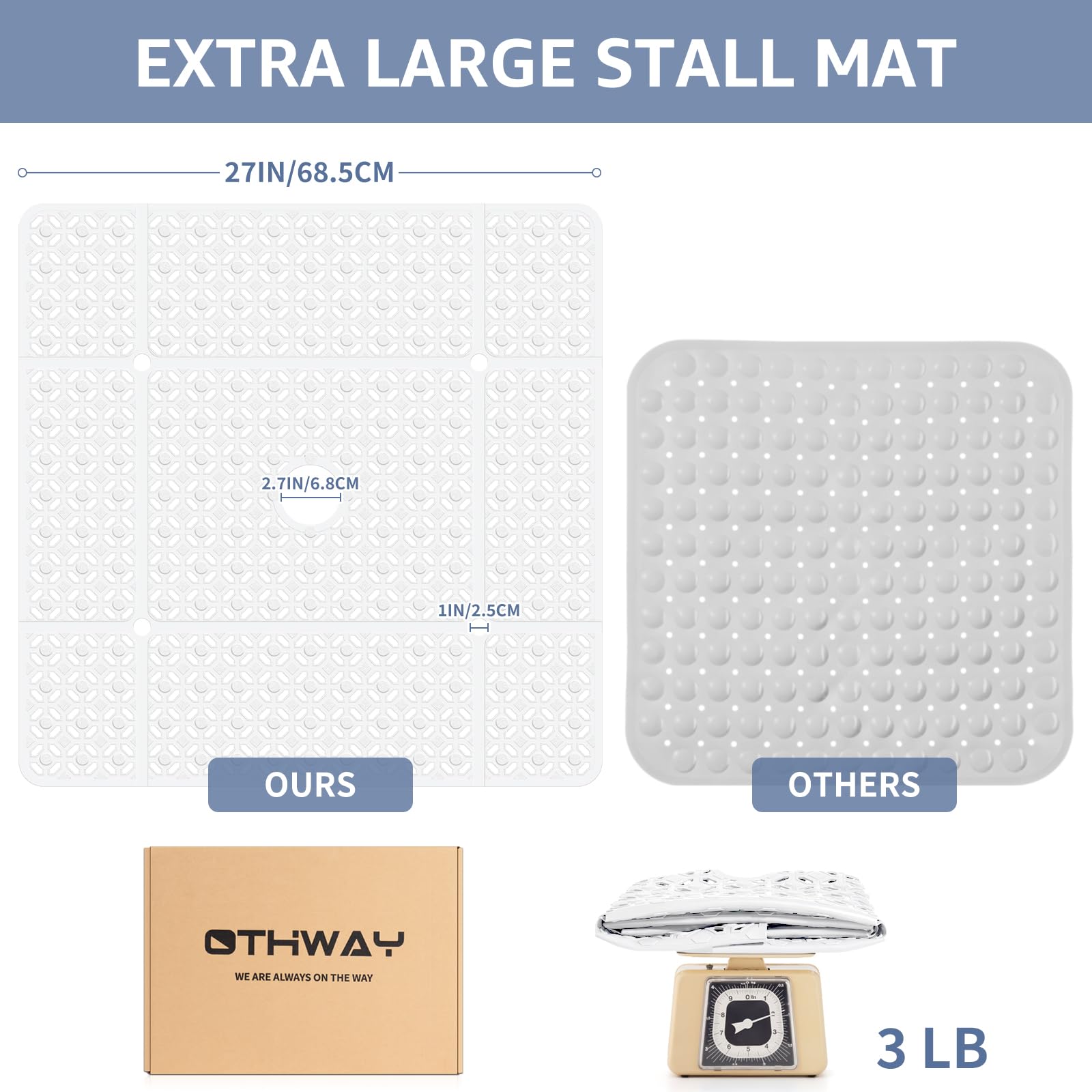Othway Square Shower Mat, 27''X 27'' Extra Large Shower Mats For Inside Shower, Tpe Non Slip Shower Mat With Suction Cups Drain