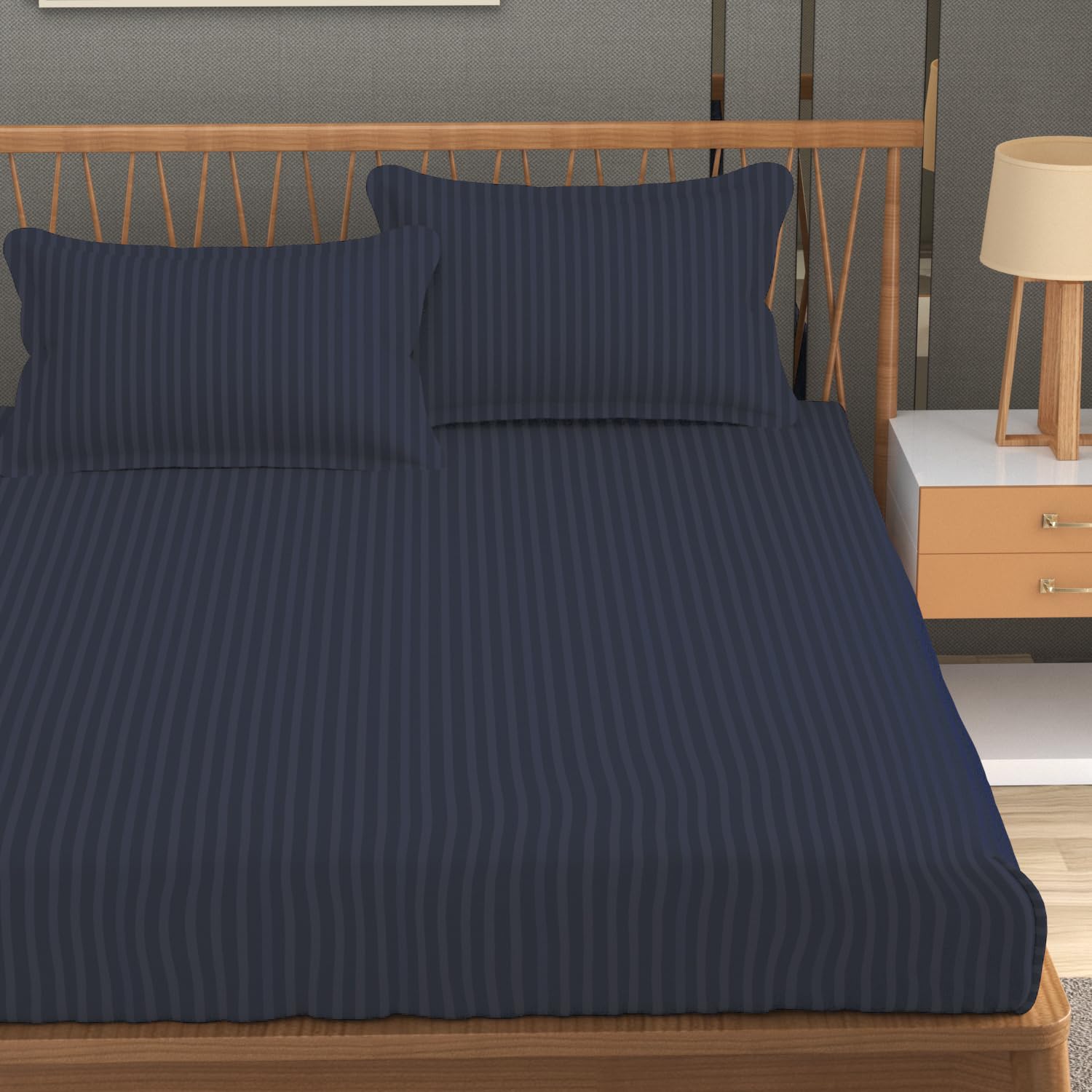 Homefab India 160 Tc Stripe Glace Cotton Double Bedsheet With 2 Pillow Covers - (90X90 Inches) - Grey