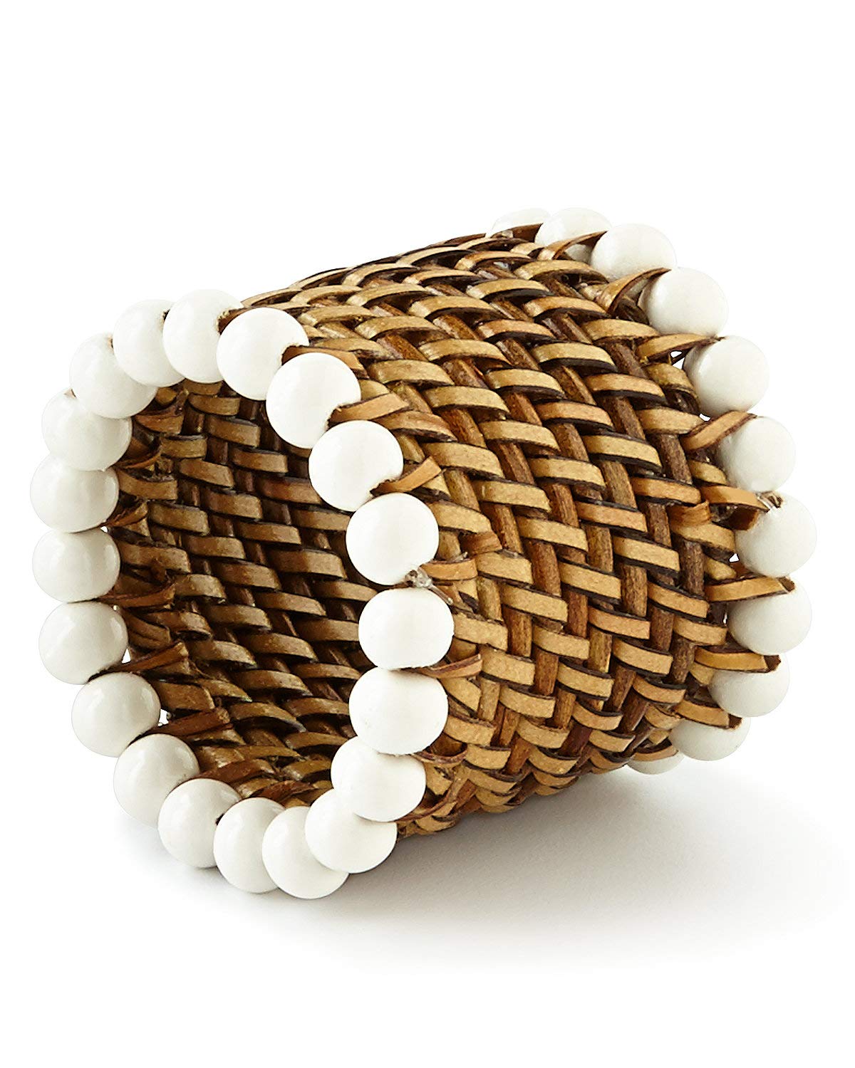 Calaisio, Set Of 4, Woven Round Bead-Rimmed Napkin Rings, White, Imported
