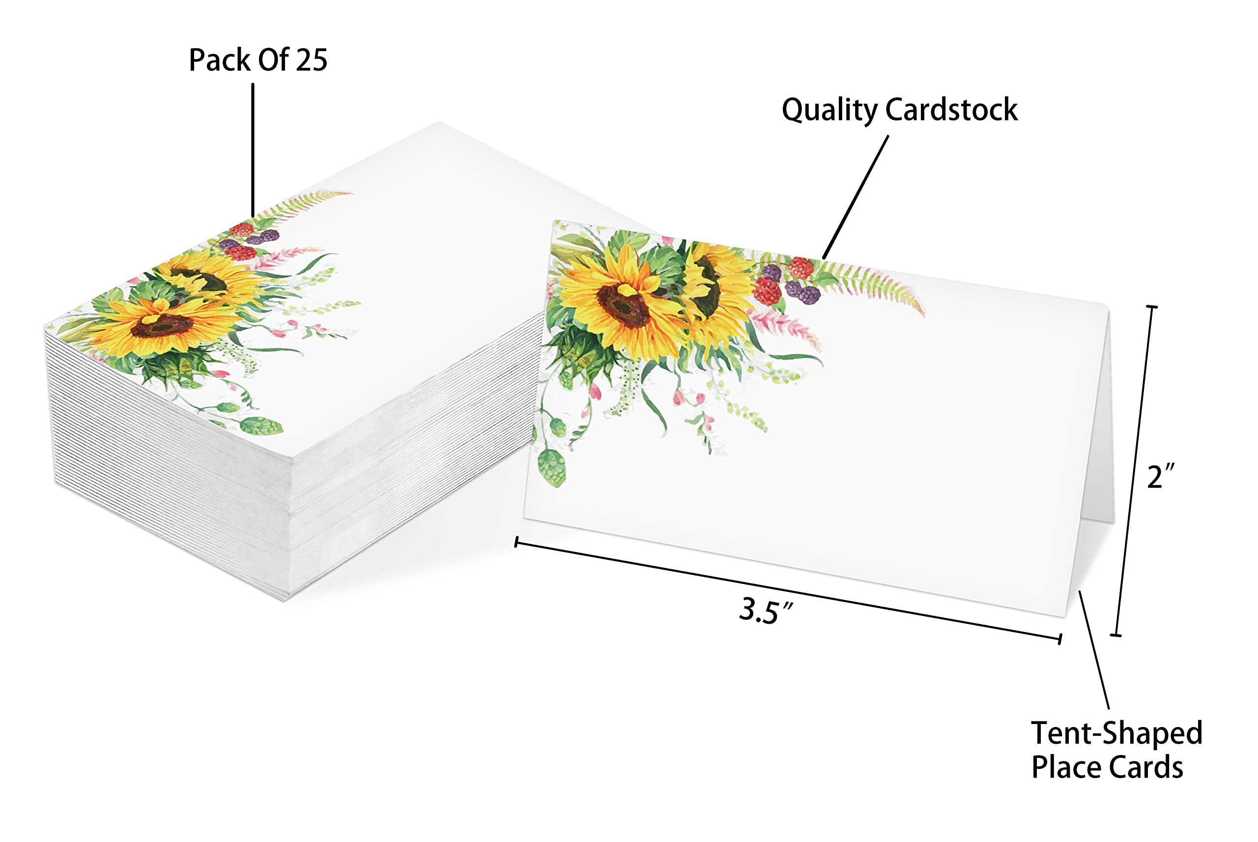 Table Place Card, Sunflower Themed Tent Style Cards, Pack Of 25 Half-Fold Reception Place Card, Perfect For Sunflower Party, Wed