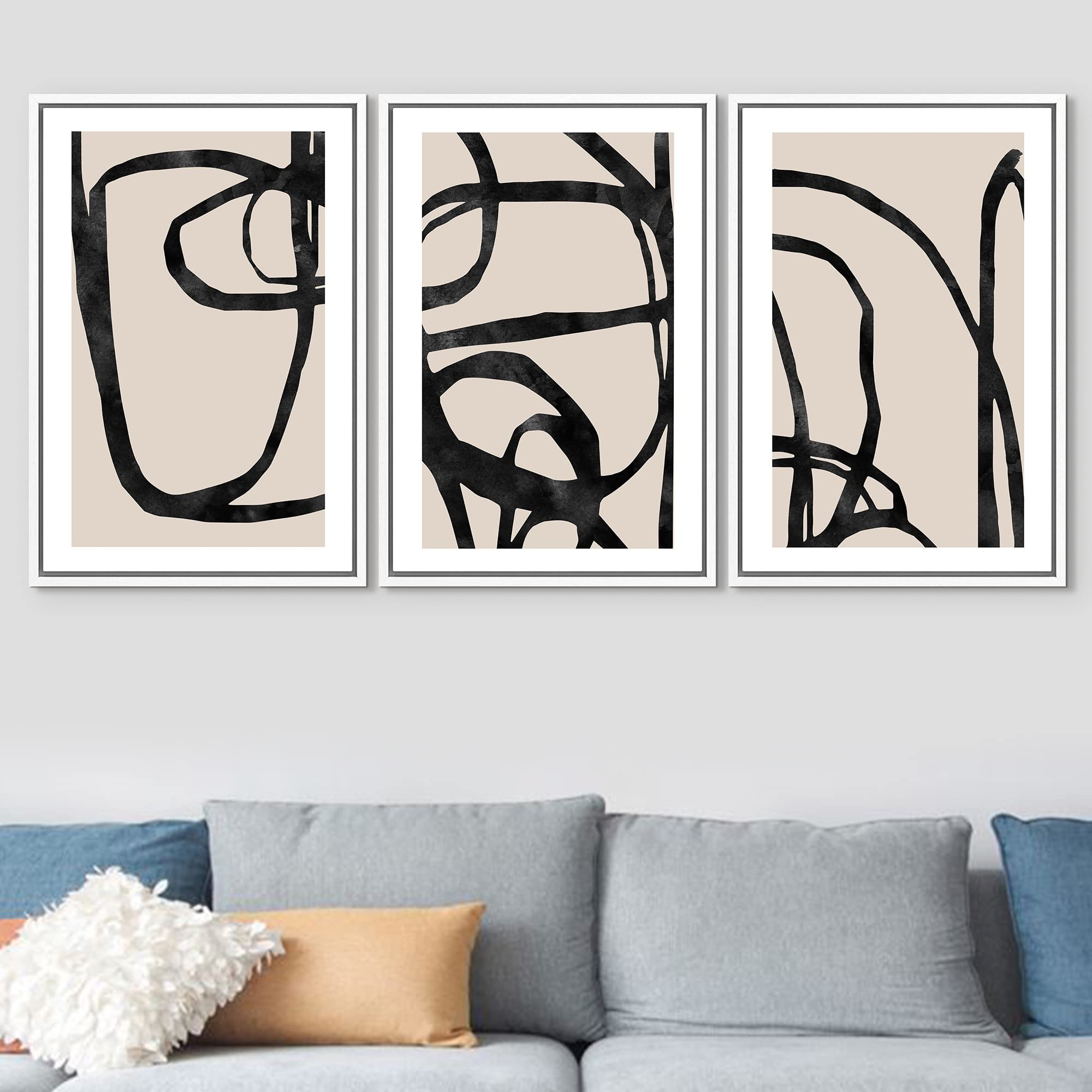 Signford Framed Canvas Print Wall Art Set Mid-Century Black Tan Line Collage Abstract Shapes Illustrations Modern Art Bohemian N