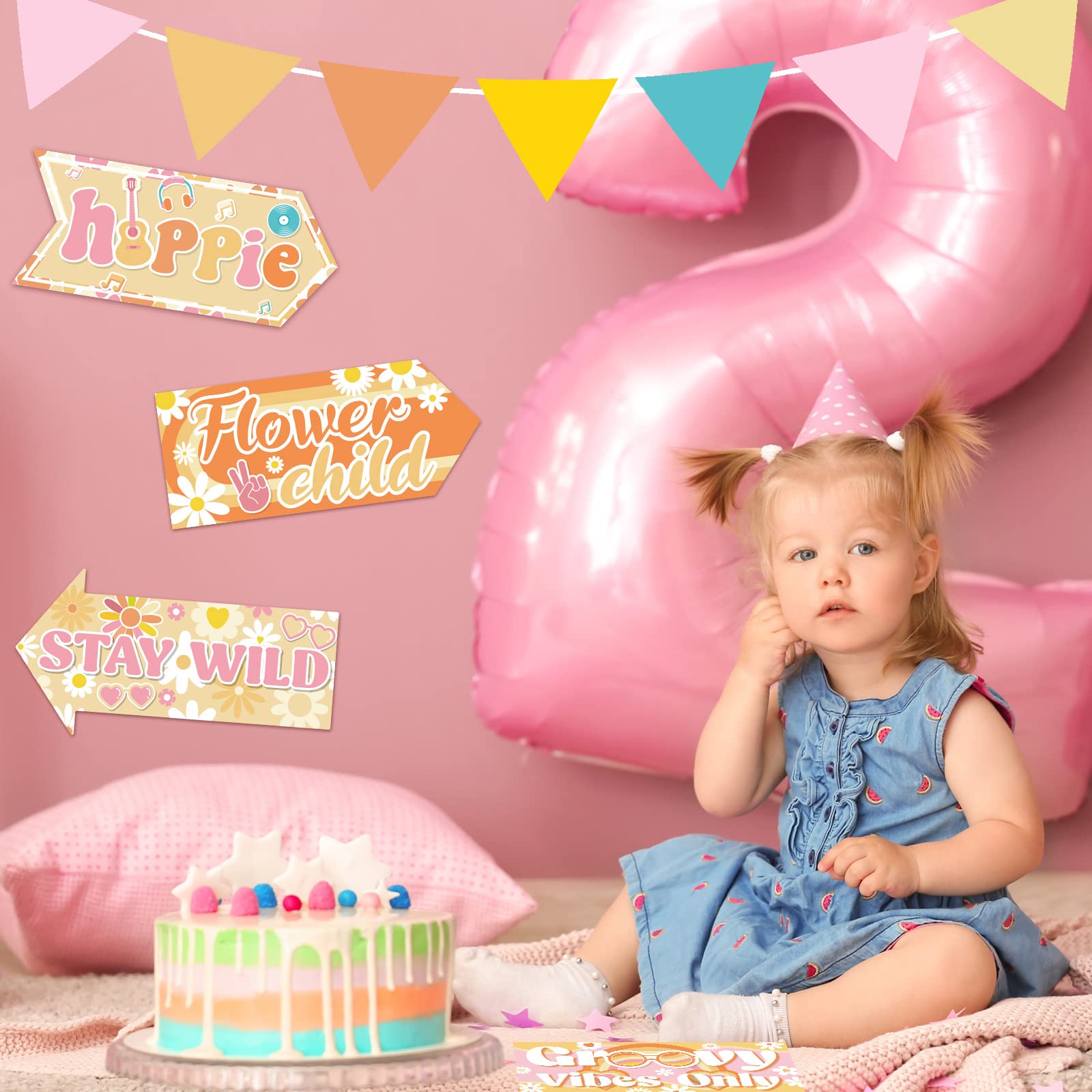 Jecery 20 Pcs Two Groovy Party Decorations Retro Hippie Boho Party Signs 60'S Retro Decor Groovy Party Decorations Boho Hippie W