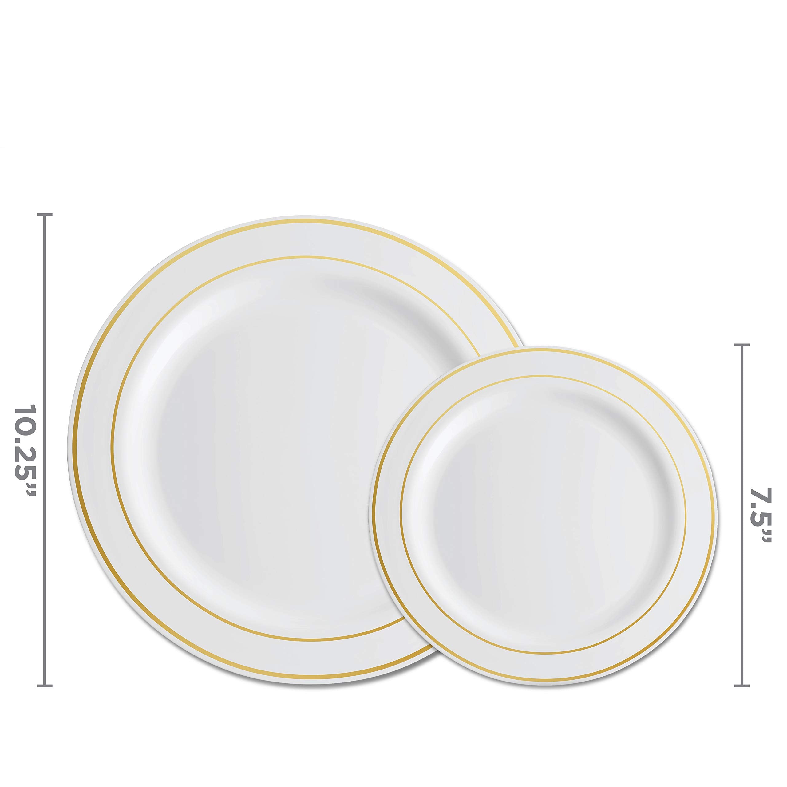Munfix 100 Piece Plastic Party Plates White Gold Rim, 50 Premium Heavy Duty 10.25 Inch Dinner Plates And 50 Disposable 7.5 Inch