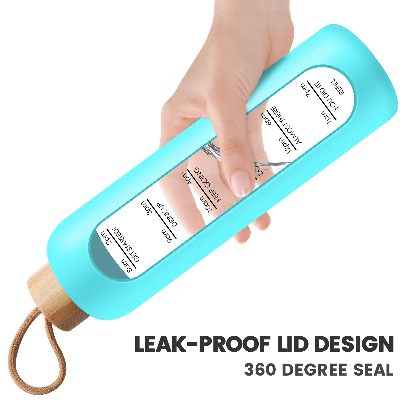 PROBTTL 32 Oz Borosilicate Glass Water Bottle with Time Marker Reminder Quotes  Leak Proof Reusable BPA Free Motivational Water Bottles with Silicone Sleeve and Bamboo Lid