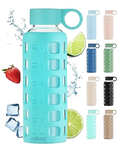 purifyou Premium 40/32 / 22/12 oz Glass Water Bottles with Volume & Times to Drink  Silicone Sleeve & Stainless Steel Lid Insert  Reusable Bottle for Fridge Water  Milk  Juice (12oz Aqua Blue)