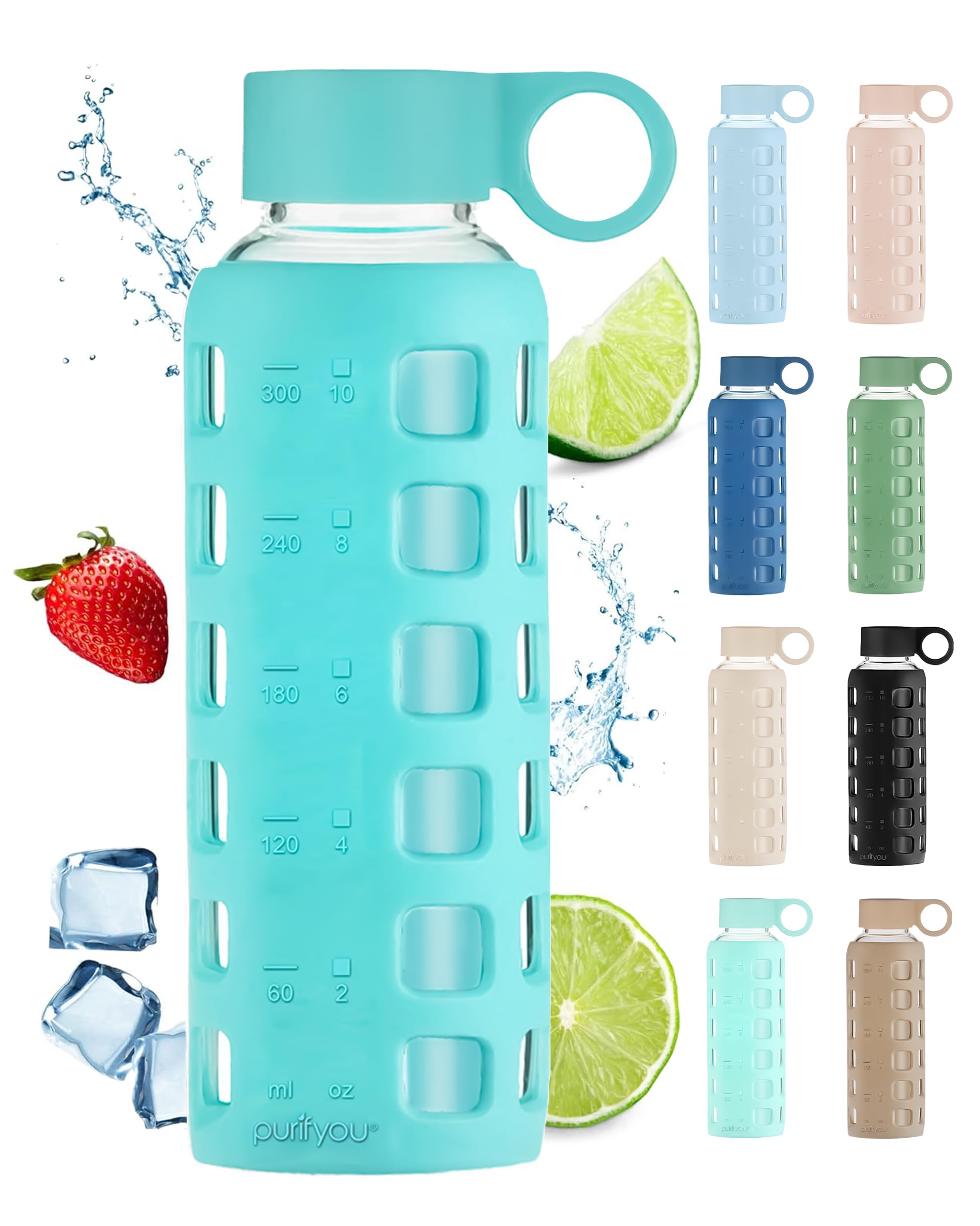 purifyou Premium 40/32 / 22/12 oz Glass Water Bottles with Volume & Times to Drink  Silicone Sleeve & Stainless Steel Lid Insert  Reusable Bottle for Fridge Water  Milk  Juice (12oz Aqua Blue)