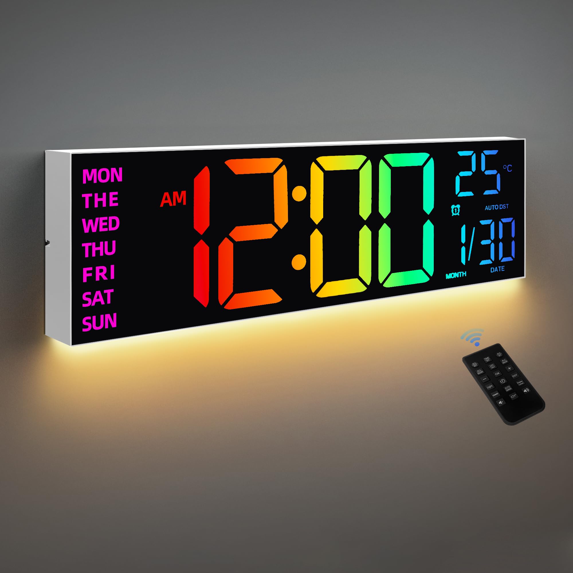 Haitang 8 Colors Digital Wall Clock, 16.2 Large Digital Clock With Temperature, Date, Auto Dst, Night Light, Auto Brightness Dim