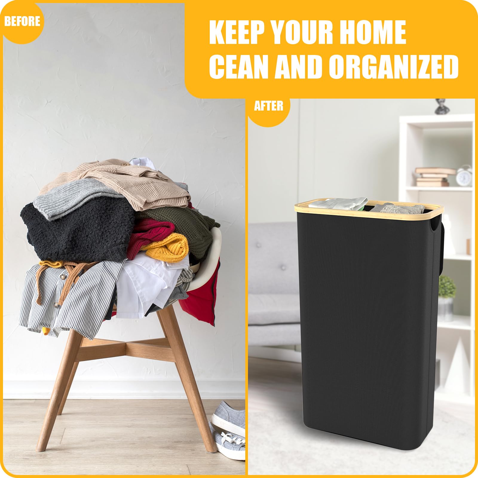 Slim Laundry Hamper With Lid, 60L Laundry Basket With Handles, Skinny Narrow Collapsible Dirty Clothes Hamper With Removable Lau