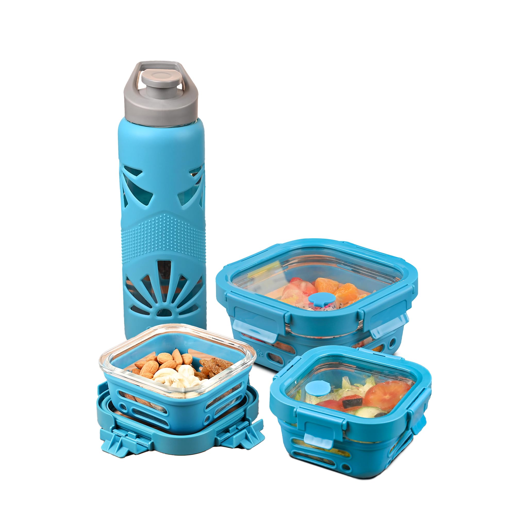GLASAFE Desk Munch Combo Borosilicate Glass Tiffin & Bottle Set - Water Bottle|Microwave Safe Lunch Box|Lunch Boxes for Office M