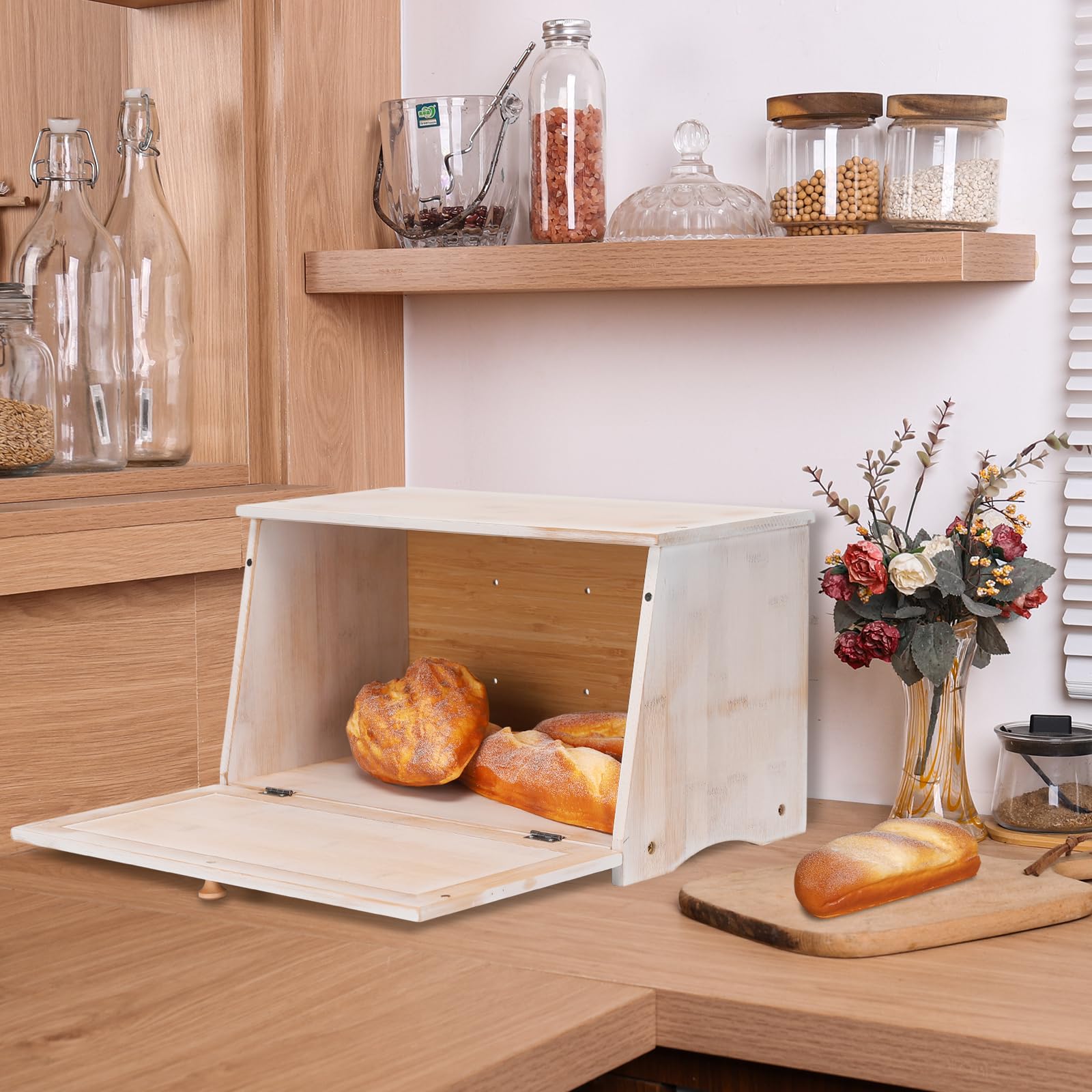 Homekoko Vintage Large Wood Bread Box For Kitchen Counter, Retro Design Single Layer Bamboo Large Capacity Food Storage Bin (Whi