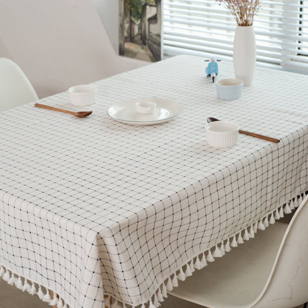 meioro Tablecloths Cotton Tablecloth for Rectangle Tables  Checkered Tassel Table Cloth Dust-Proof Rectangular Table Cover for Kitchen Dinning Tabletop Home(36 x 36 Inch  White Checked)