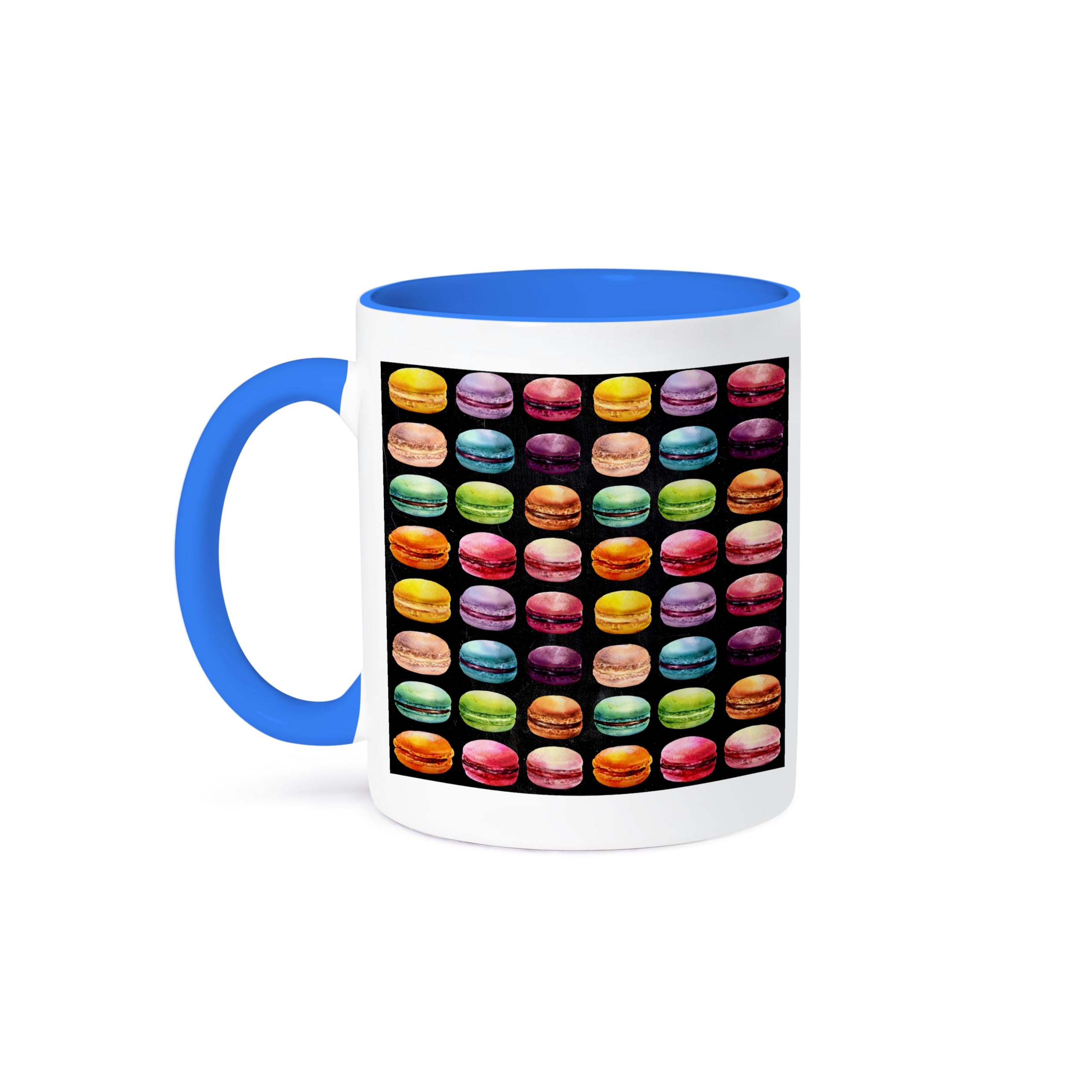 3dRose Cute French Macaroon Cookies Pattern On A Black Background 11oz Two-Tone Blue Mug