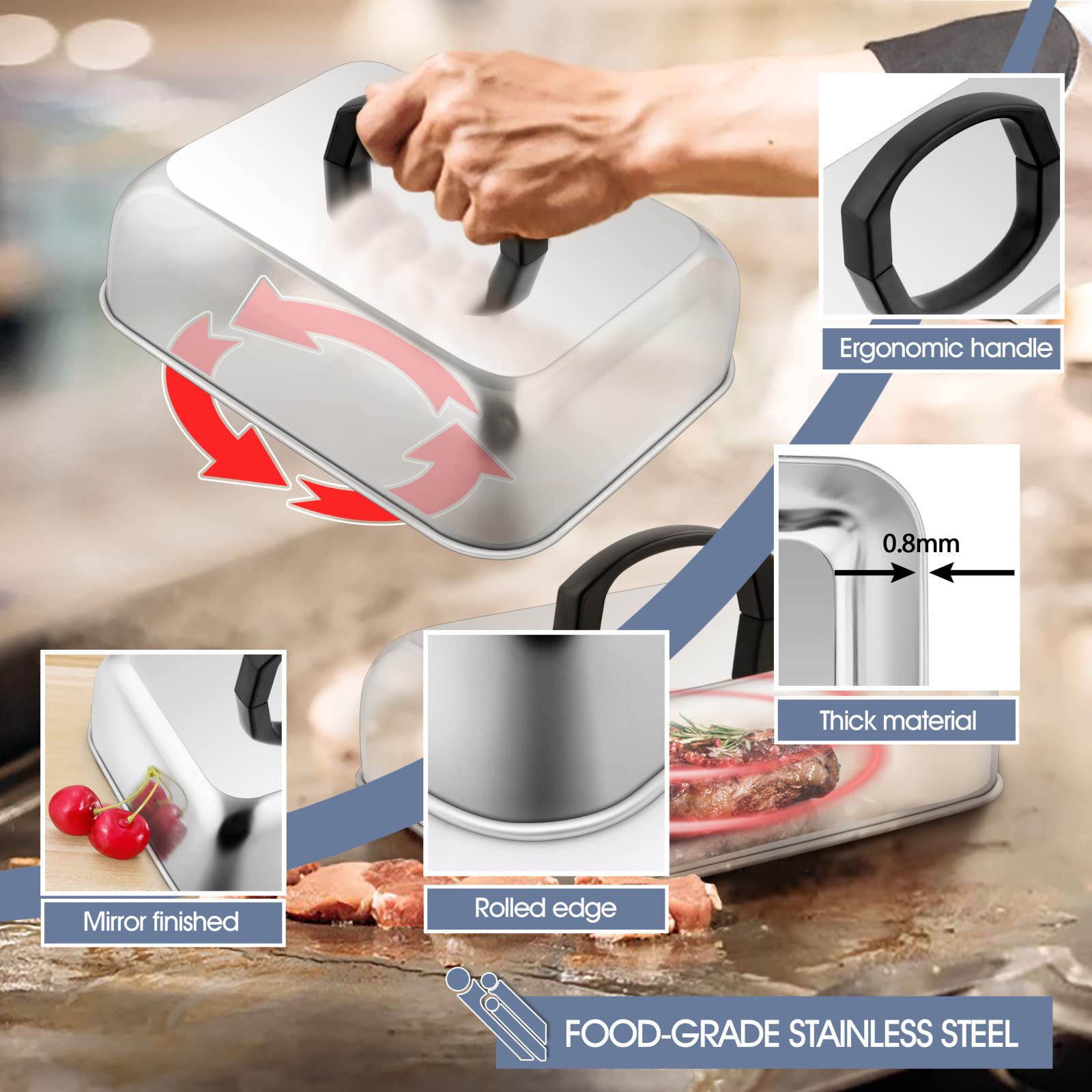 Hasteel Cheese Melting Dome Set Of 2, Stainless Steel Rectangular 9X7 Inch Basting Steaming Cover, Heavy Duty Metal Grill Dome F
