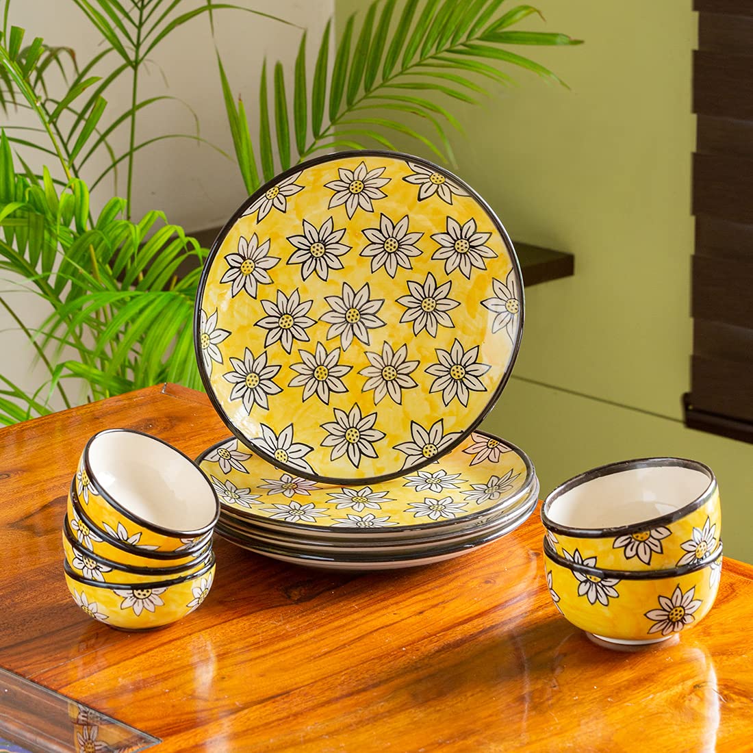 Exclusivelane 'Sunflowers' Handpainted Ceramic Plates For Dinner Set Ceramic Dinner Plate With Serving Bowls & Bowl Katoris (10 