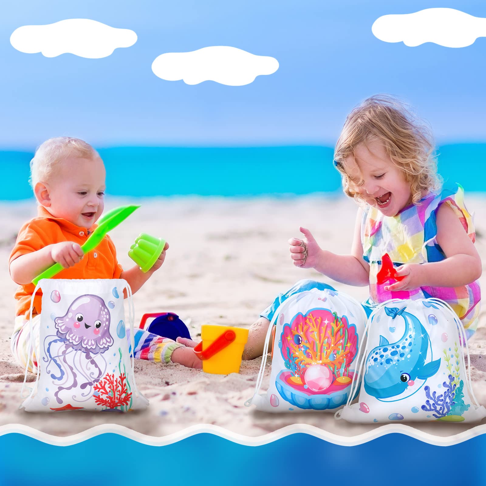 Woanger Ocean Drawstring Party Bags - 16 Pcs Sea Animal Goodie Bags, 11.8 x 9.8 Inches, Reusable for Kids Birthday Party Decorations