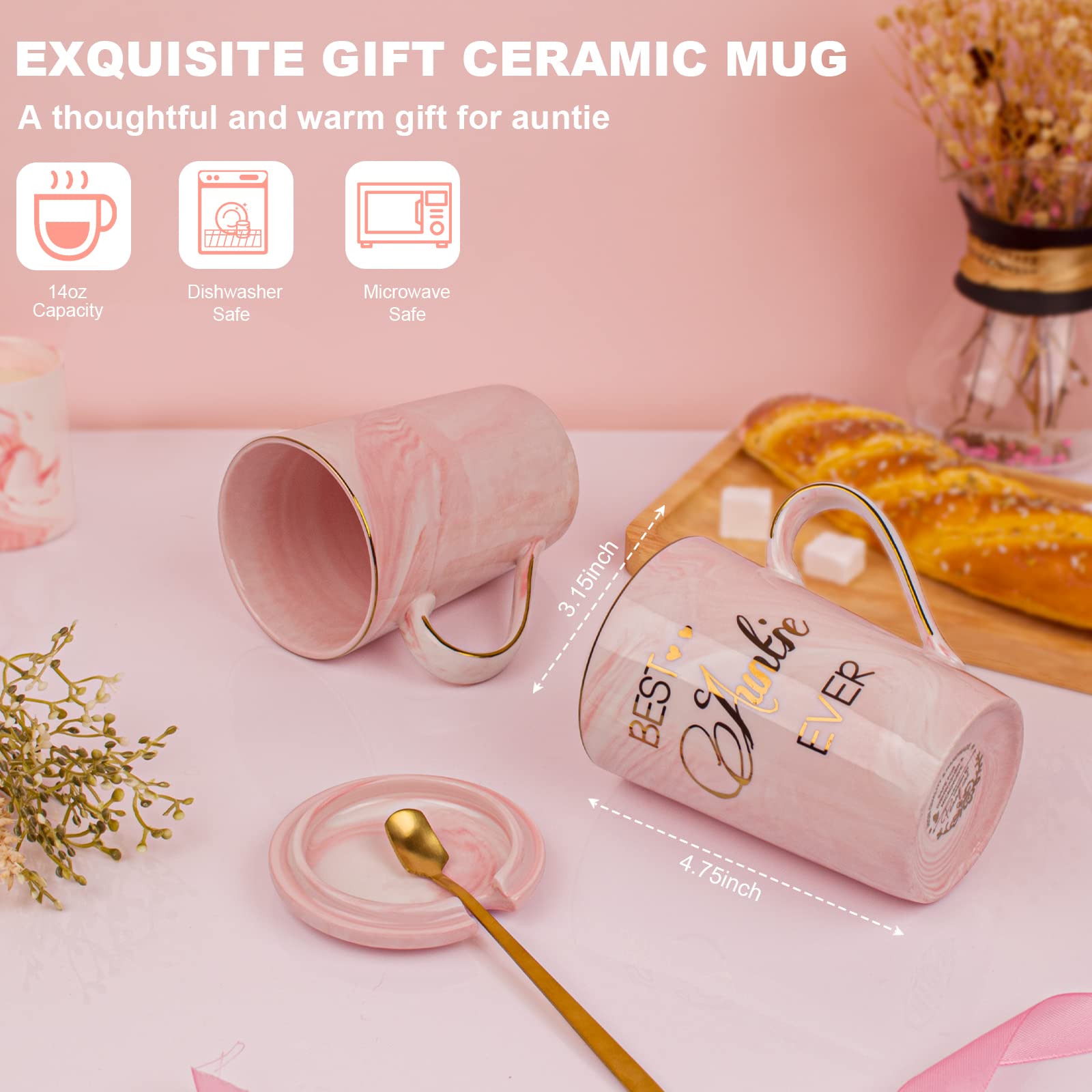 Aunt Gifts from Niece  Nephew - Gifts for Aunt - Best Aunt Ever Gifts Mug - Funny Happy Birthday Christmas Present for Aunt  Auntie  Aunty - Marble Ceramic Coffee Mug Gifts Box Printed Gold 14 Oz Pink