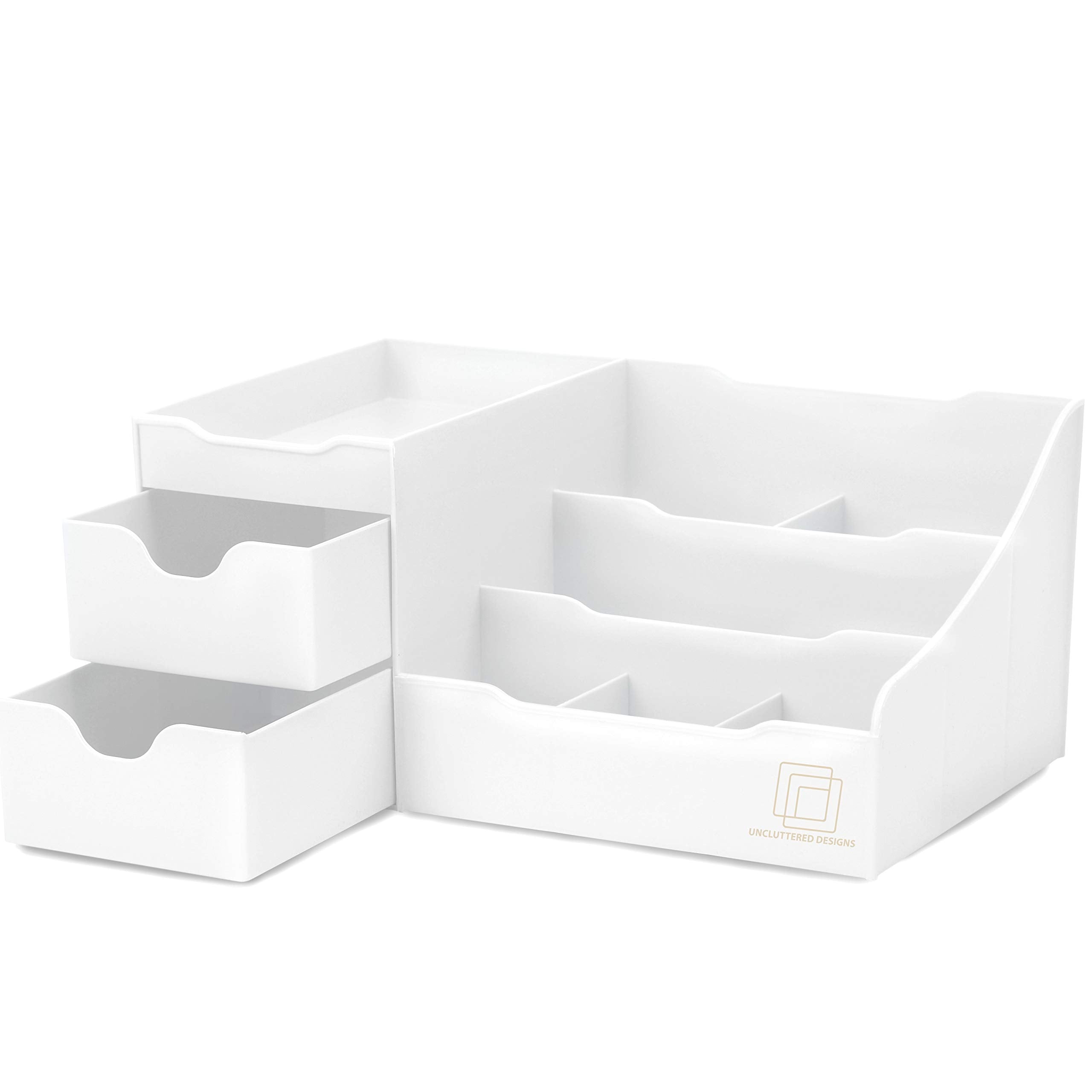 Uncluttered Designs White Makeup Organizer With Drawers-Modern Countertop & Bathroom Sink Storage-Small Dresser Cosmetic Holder