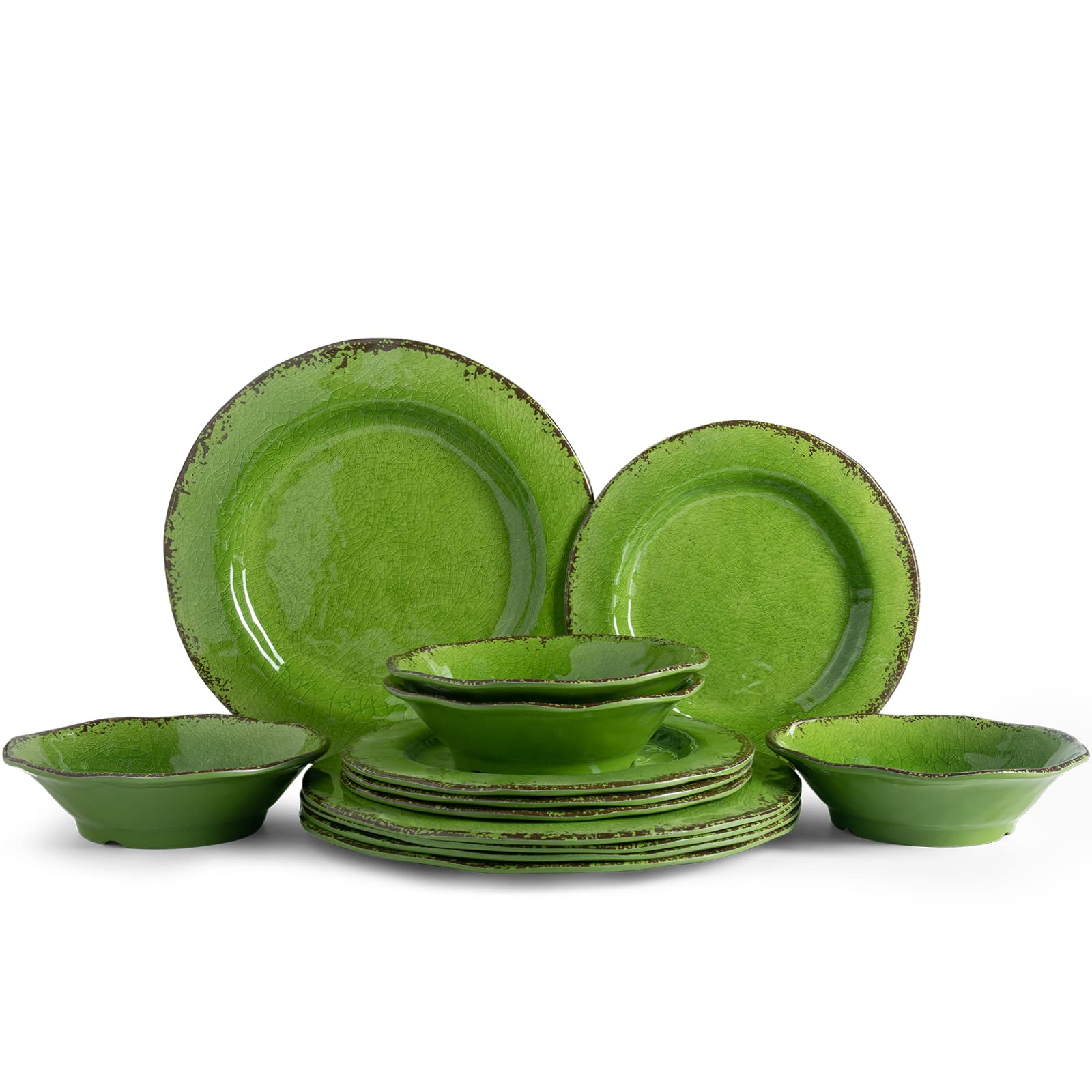 LEHAHA Melamine Dinnerware Set, 12-Piece Dishes Set, Lightweight and BPA Free Rustic Plates and Bowls Sets, Service for 4, Indoo