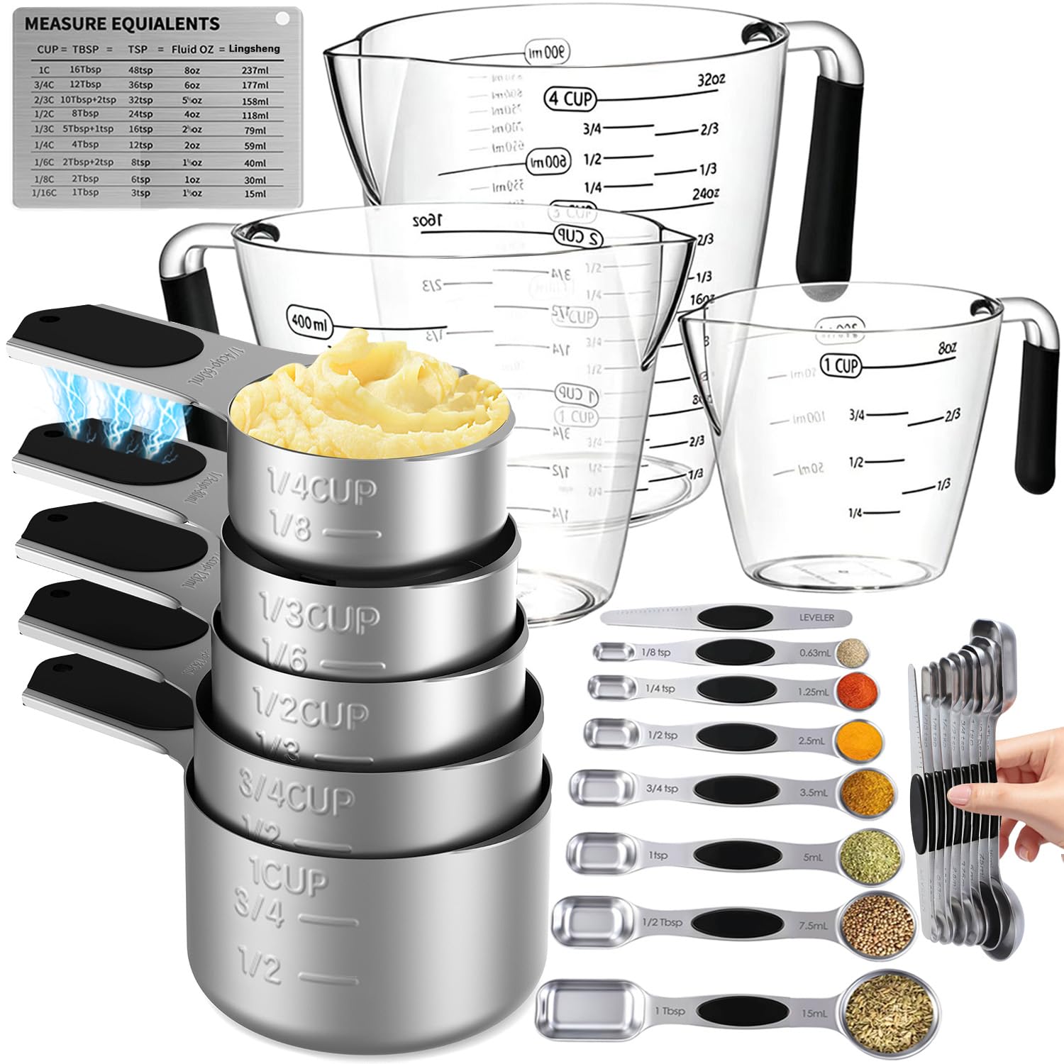 Measuring cups and spoons set,Magnetic Measuring 5 Cups 7 Spoons & 1 Leveler, 3 Plastic Measuring Cup with 1 Measuring Conversio