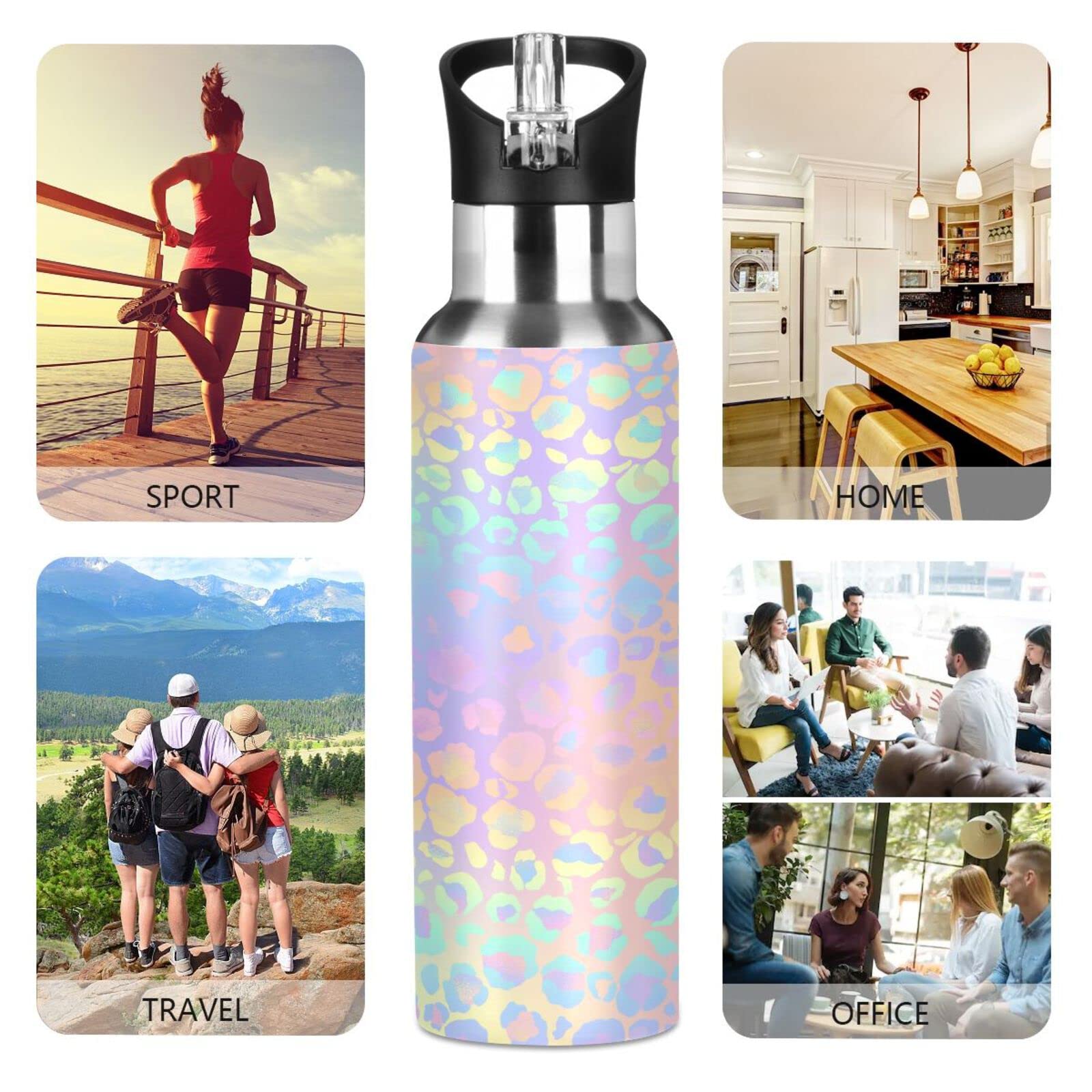 Alaza Leopard Print Cheetah Rainbow Gradient Water Bottle With Straw Lid Vacuum Insulated Stainless Steel Thermo Flask Water Bot