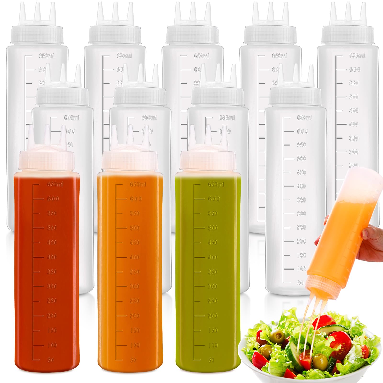 Maxdot 12 Pcs 24 oz 3 Hole Plastic Squeeze Condiment Bottle Ketchup and Mustard Squeeze Bottle Squirt Dressing Container Spray S