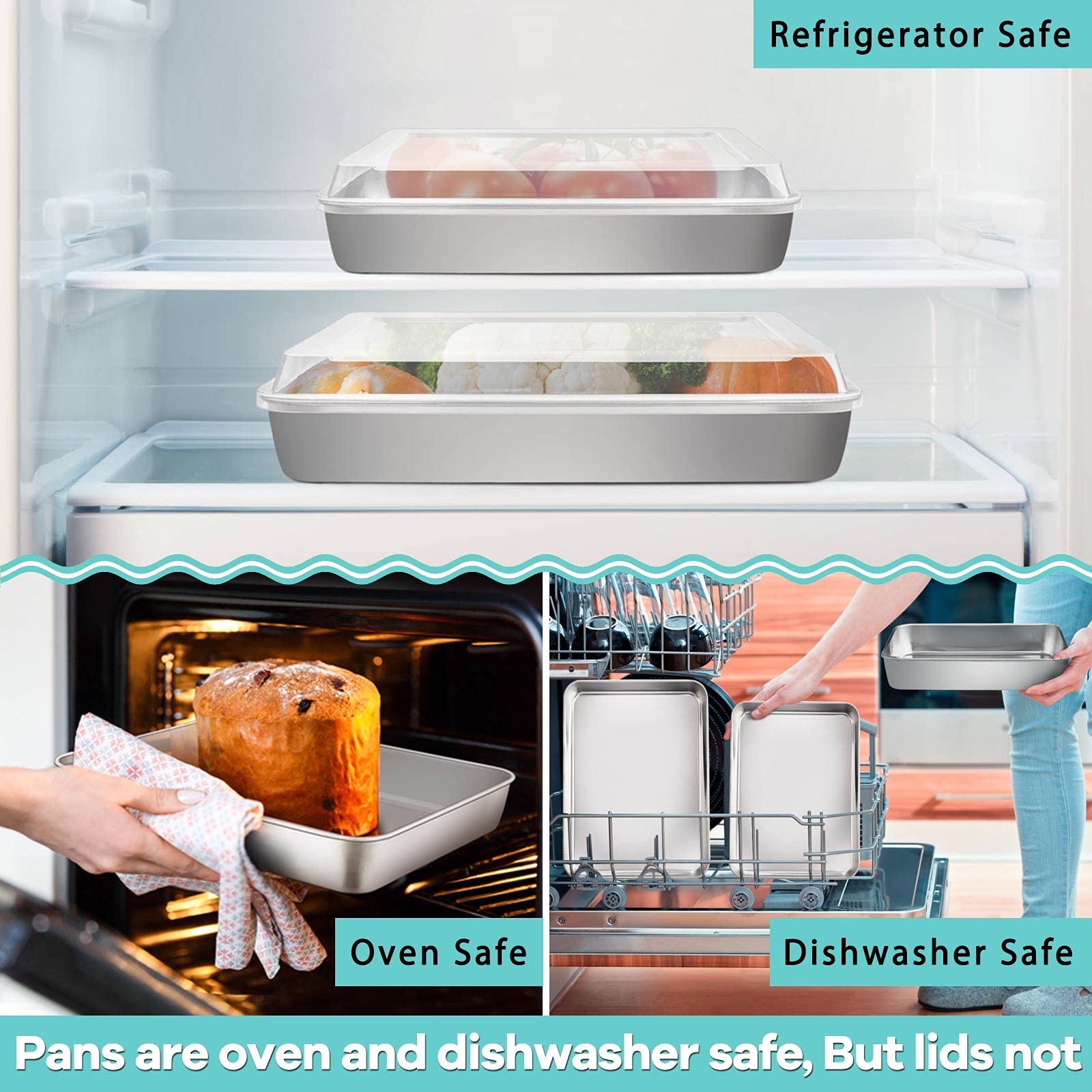 P&P Chef Stainless Steel Baking Pan Set, Rectangle Cake Pan With Lid, 12.3/10.5/9.4Inch Toaster Oven Pan For Lasagna/Cake/Browni