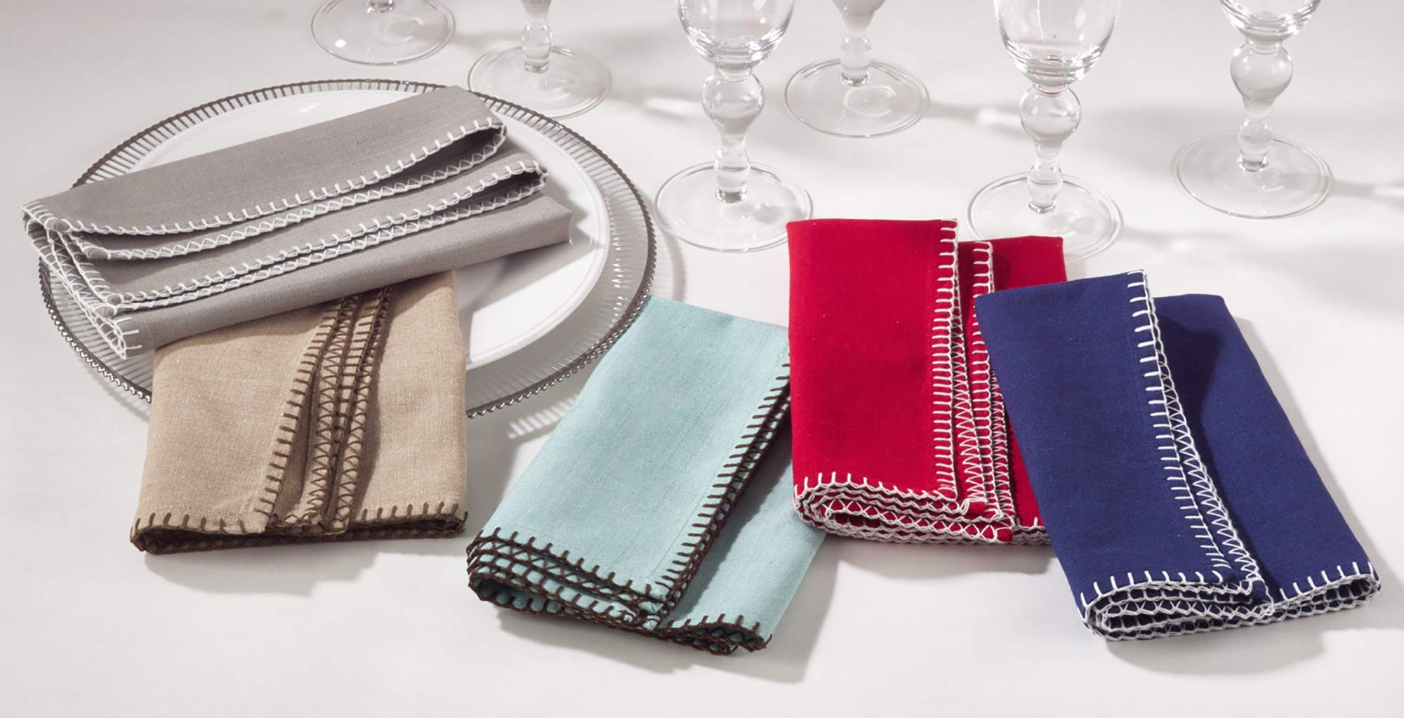 Saro Celena Collection Whip Stitched Design Cotton Dinner Napkin (Set Of 4), 20'', Navy Blue, 4 Pieces